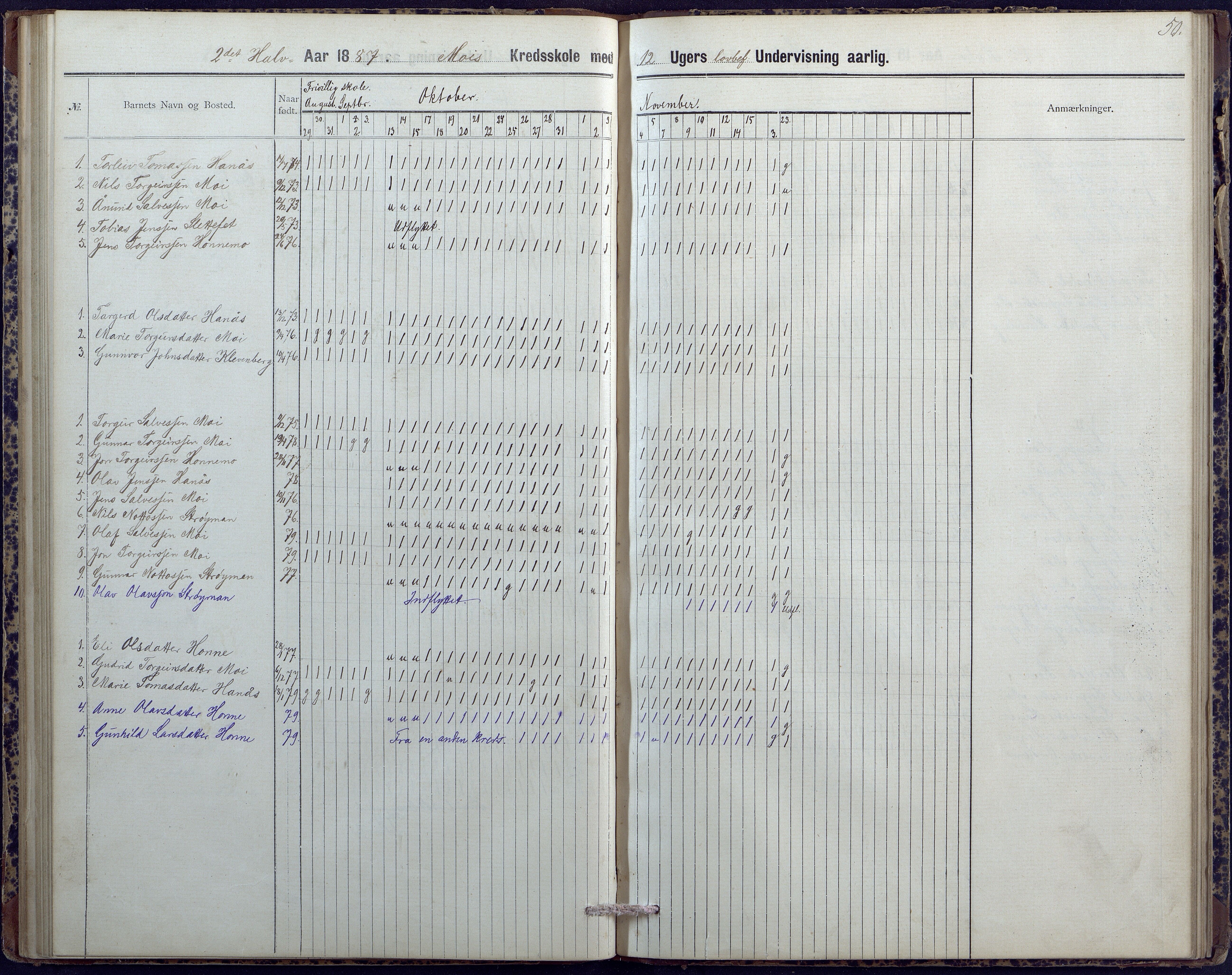 Hornnes kommune, Moi, Moseid, Kjetså skolekretser, AAKS/KA0936-550e/F1/L0004: Dagbok. Moseid, Moi, 1886-1891, p. 50