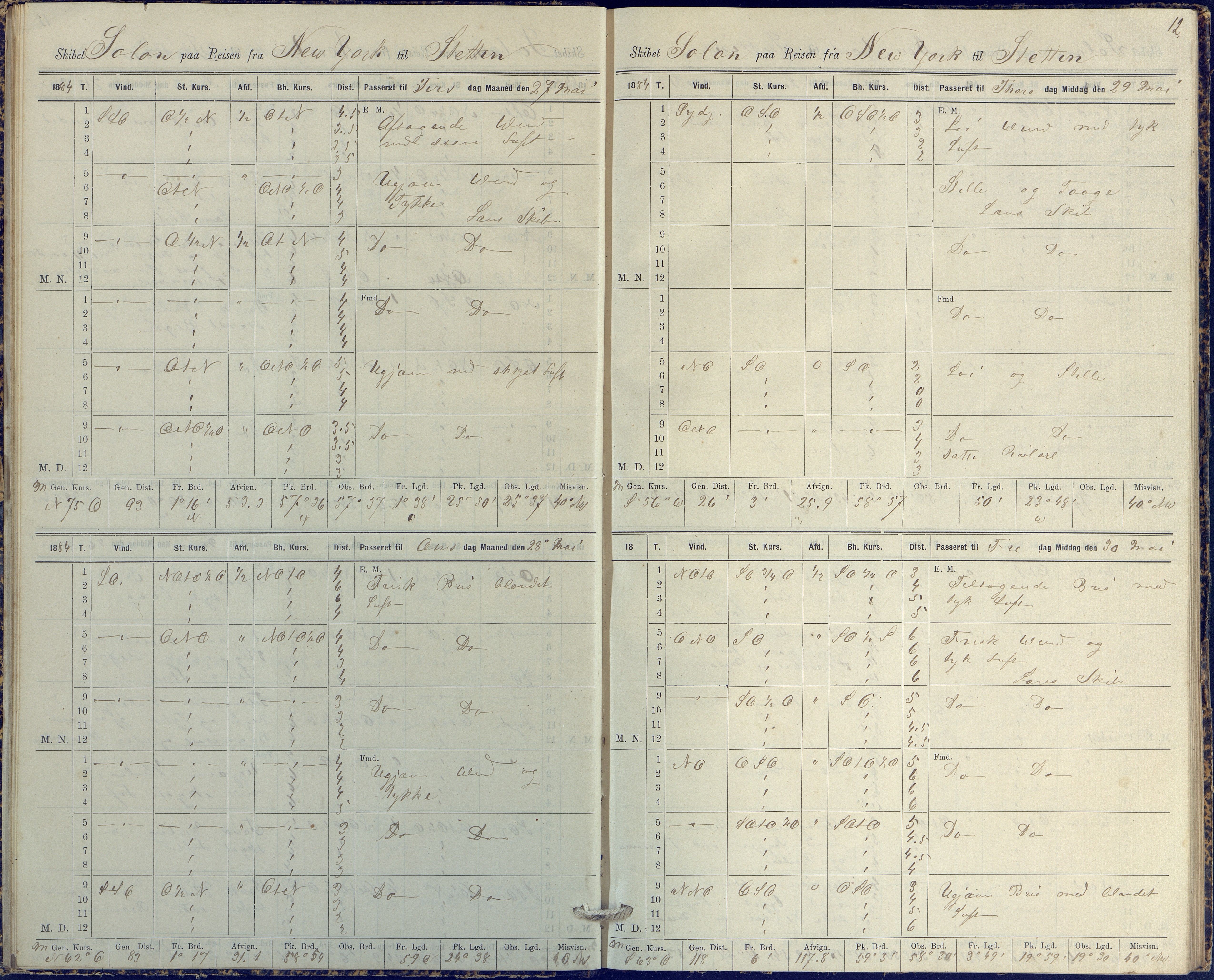 Fartøysarkivet, AAKS/PA-1934/F/L0331/0003: Solon (fregatt) / Solon (fregatt) skipsjournal 1884-1885, 1884-1885, p. 12