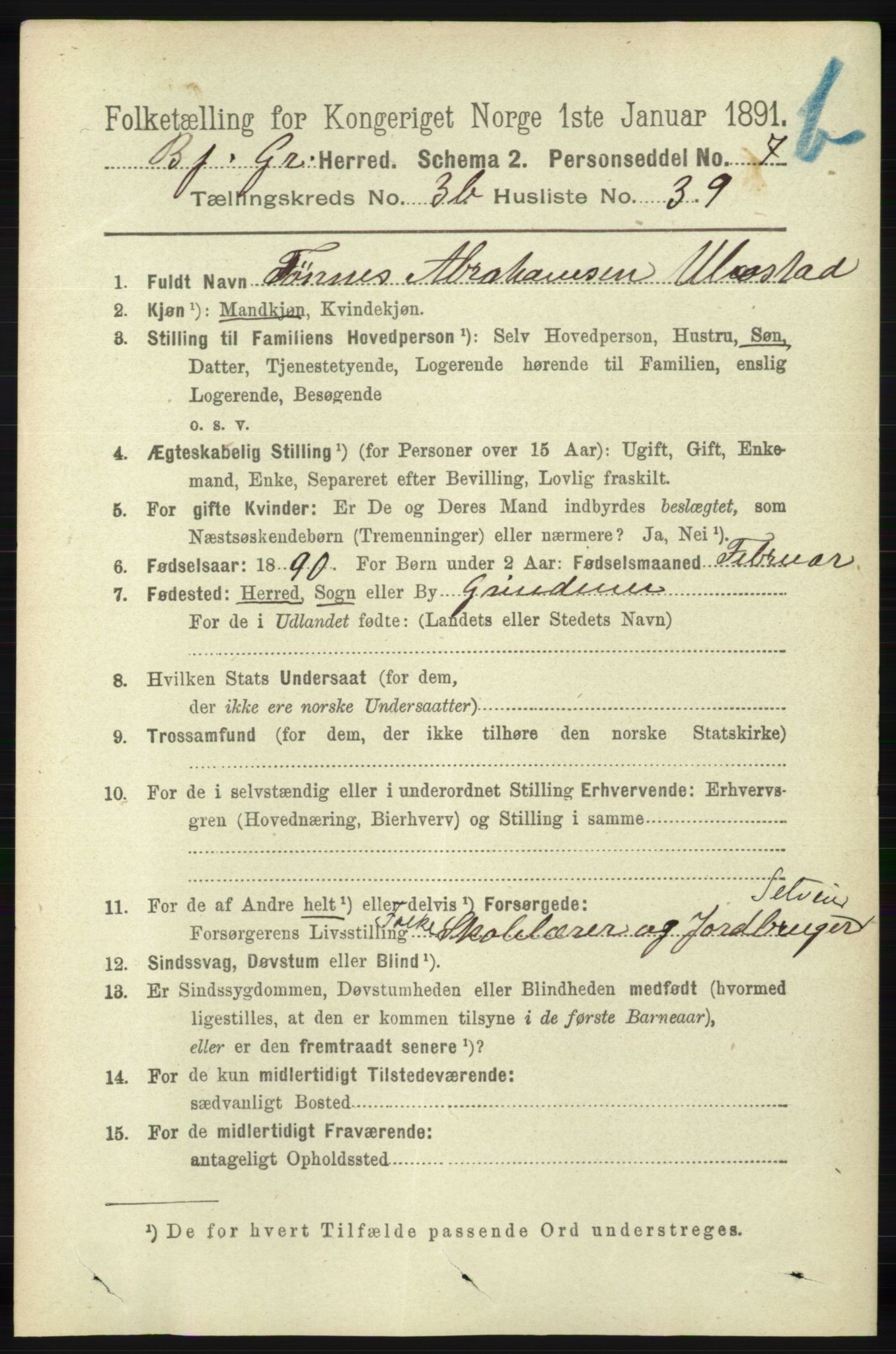 RA, 1891 census for 1024 Bjelland og Grindheim, 1891, p. 2022