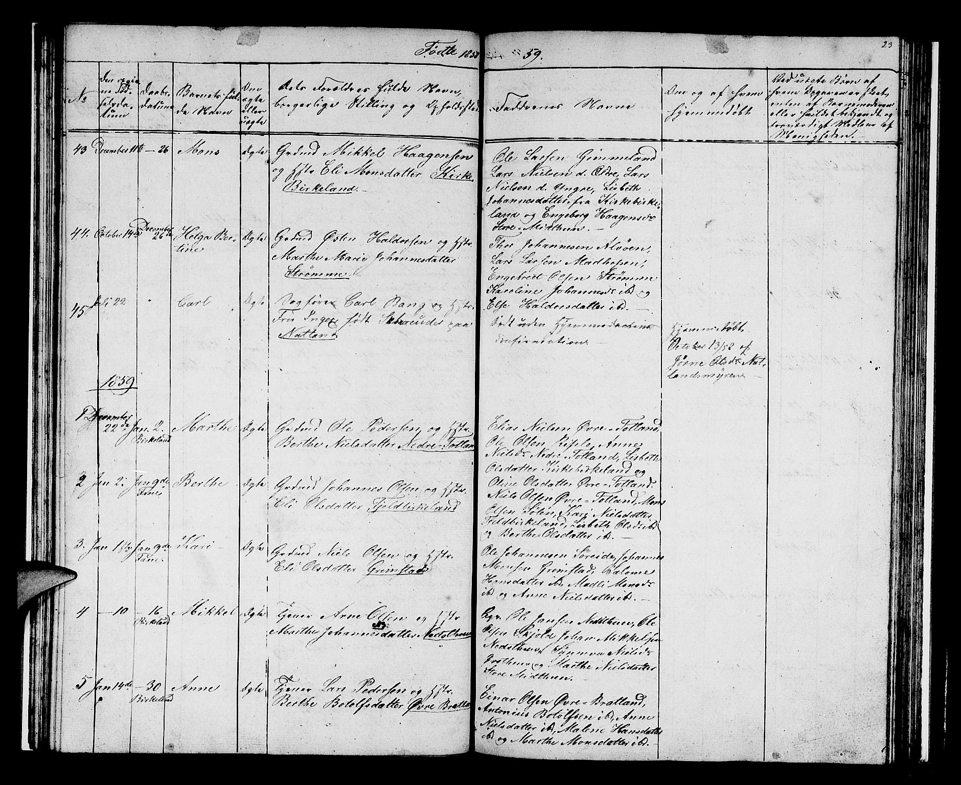 Birkeland Sokneprestembete, SAB/A-74601/H/Hab: Parish register (copy) no. A 1, 1853-1862, p. 23