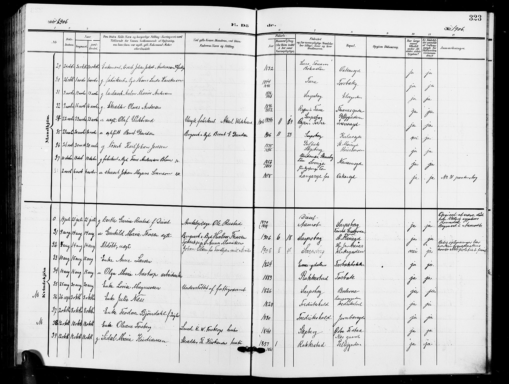 Sarpsborg prestekontor Kirkebøker, AV/SAO-A-2006/G/Ga/L0001: Parish register (copy) no. 1, 1902-1911, p. 323