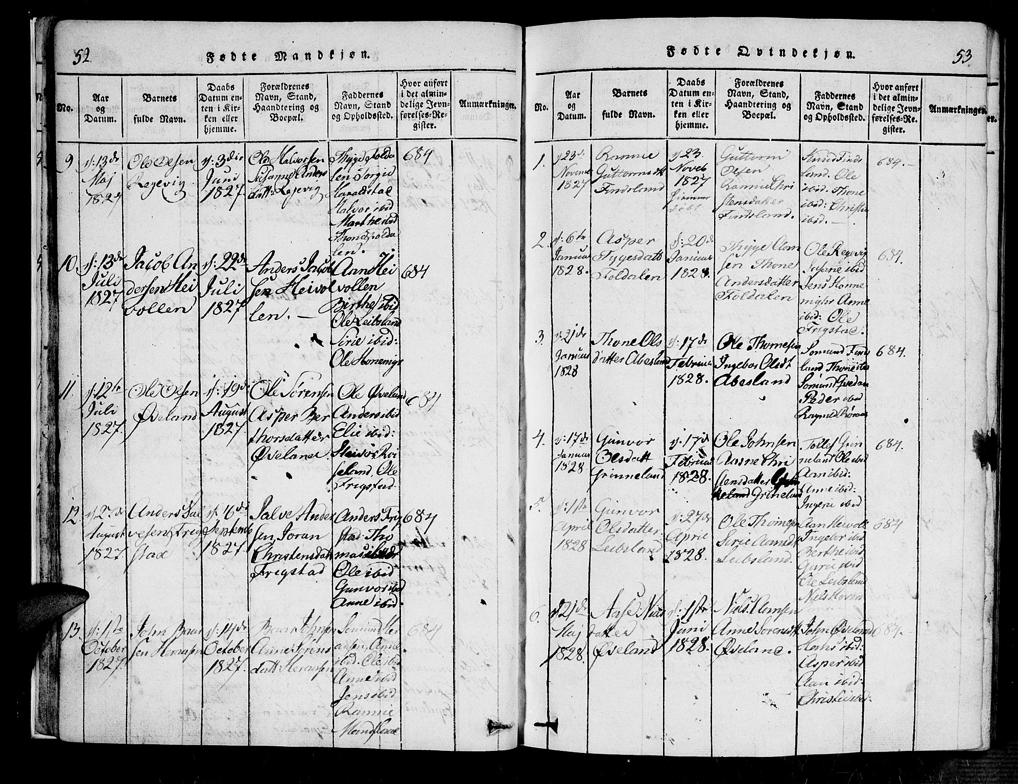 Bjelland sokneprestkontor, AV/SAK-1111-0005/F/Fa/Fab/L0002: Parish register (official) no. A 2, 1816-1869, p. 52-53