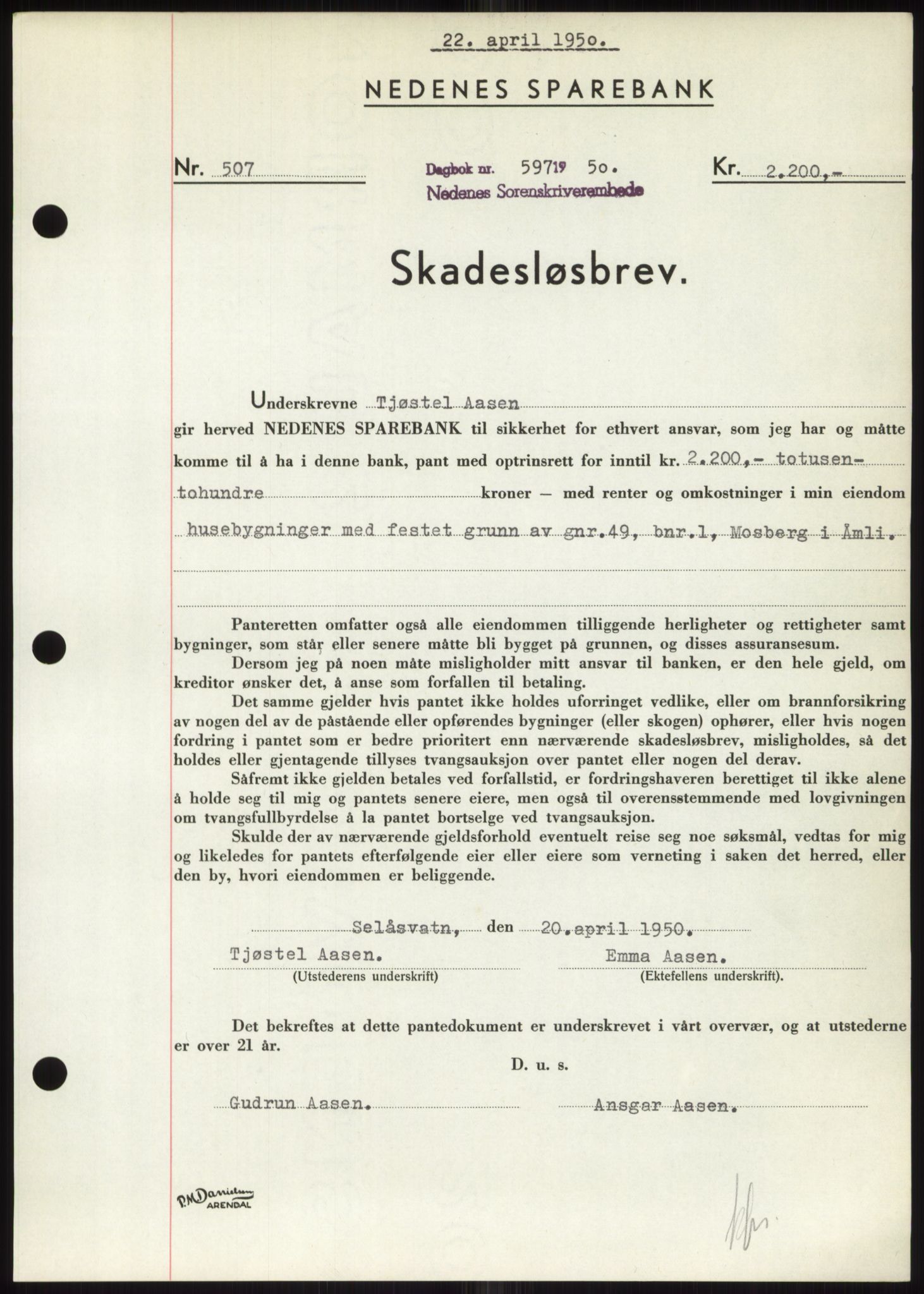 Nedenes sorenskriveri, AV/SAK-1221-0006/G/Gb/Gbb/L0007: Mortgage book no. B7, 1949-1950, Diary no: : 597/1950