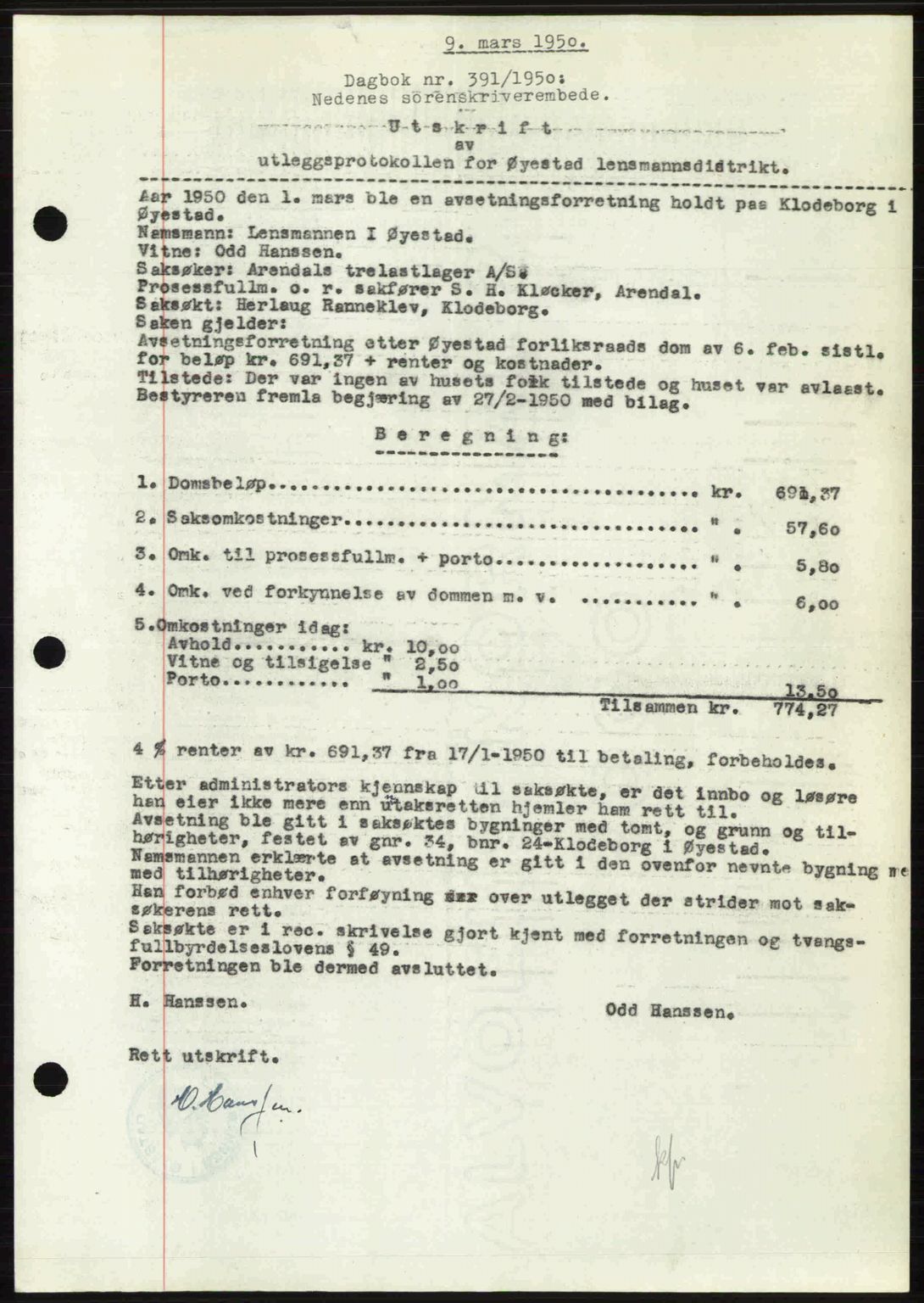 Nedenes sorenskriveri, AV/SAK-1221-0006/G/Gb/Gba/L0062: Mortgage book no. A14, 1949-1950, Diary no: : 391/1950