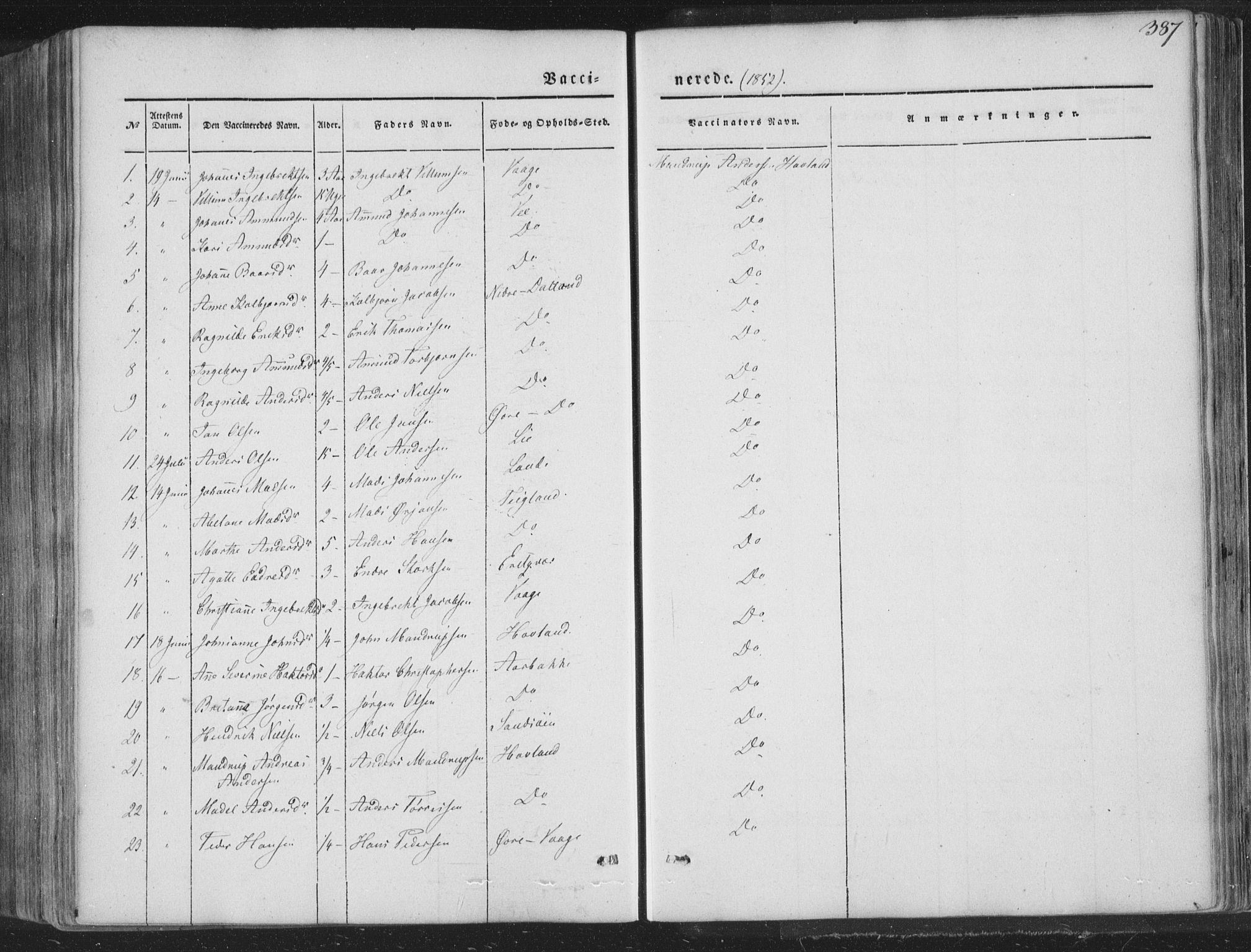 Tysnes sokneprestembete, AV/SAB-A-78601/H/Haa: Parish register (official) no. A 10, 1848-1859, p. 387