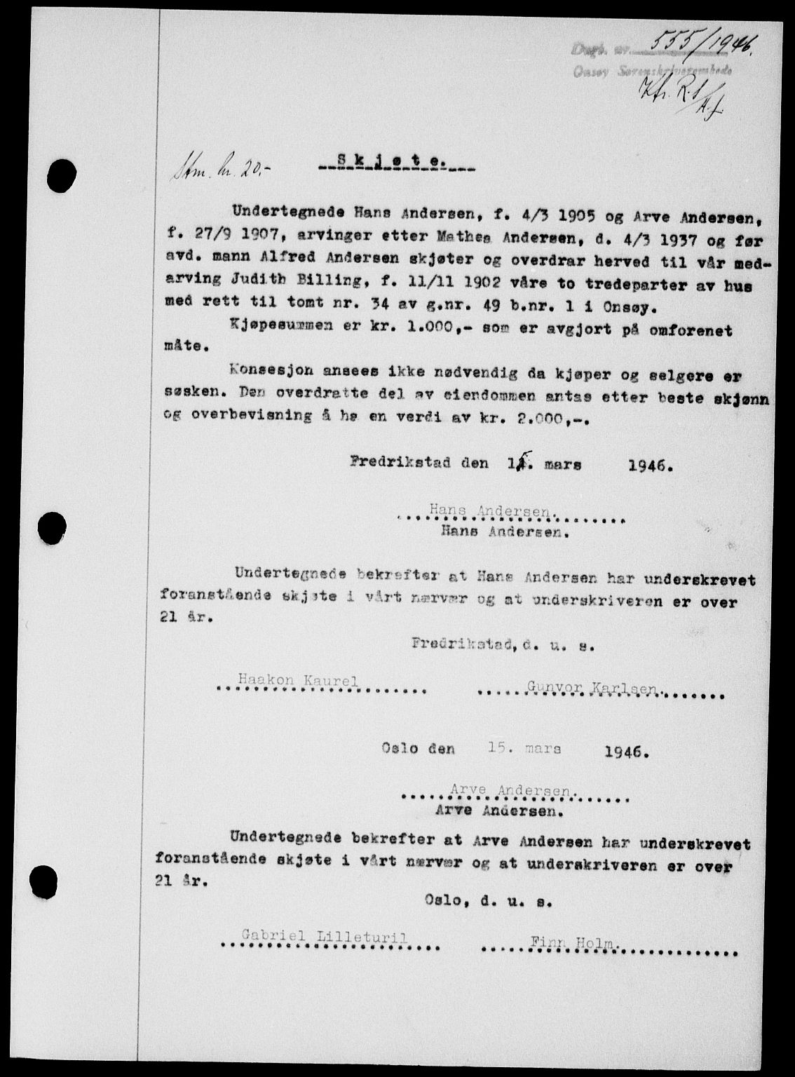 Onsøy sorenskriveri, SAO/A-10474/G/Ga/Gab/L0015: Mortgage book no. II A-15, 1945-1946, Diary no: : 555/1946