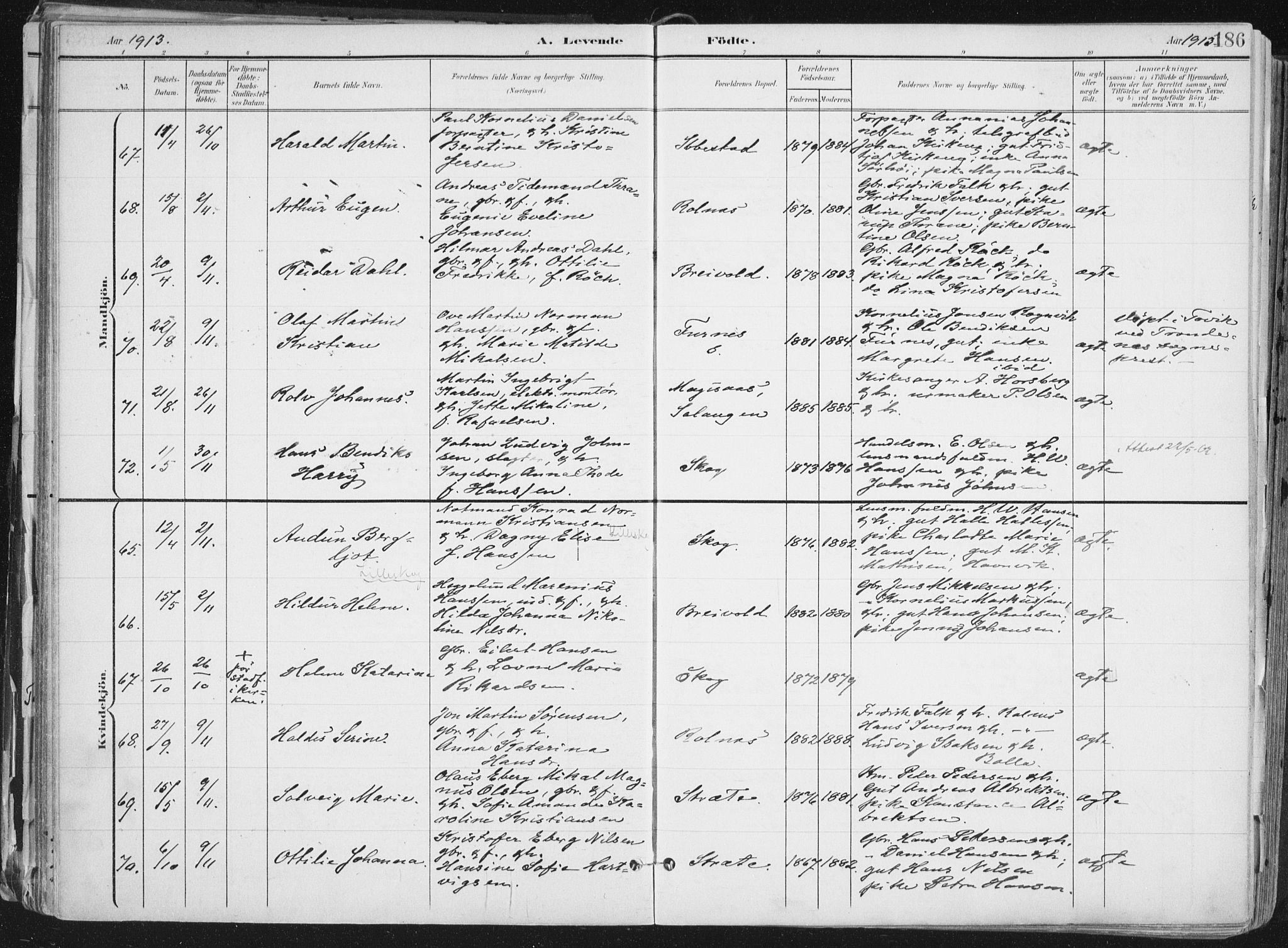 Ibestad sokneprestembete, SATØ/S-0077/H/Ha/Haa/L0017kirke: Parish register (official) no. 17, 1901-1914, p. 186