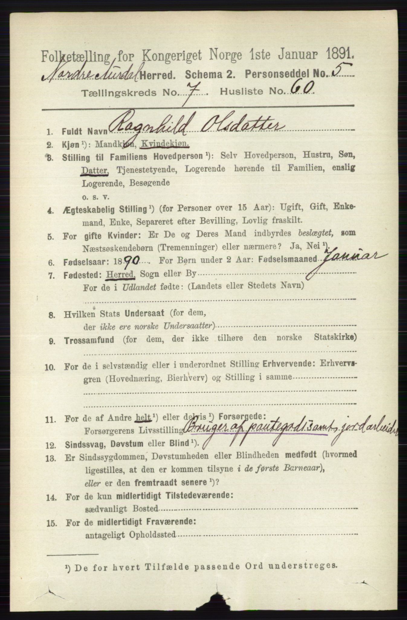 RA, 1891 census for 0542 Nord-Aurdal, 1891, p. 2702