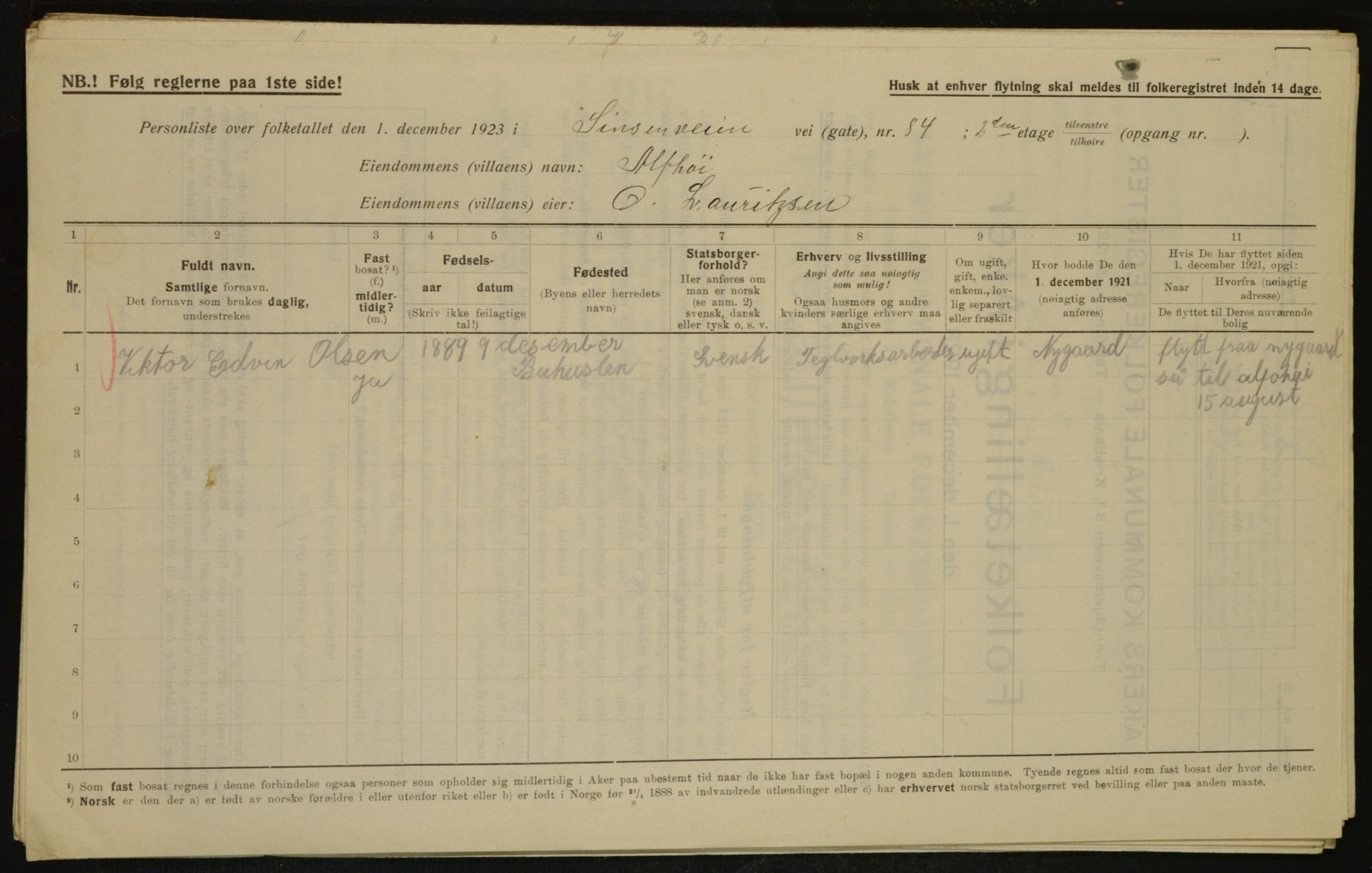 , Municipal Census 1923 for Aker, 1923, p. 30303