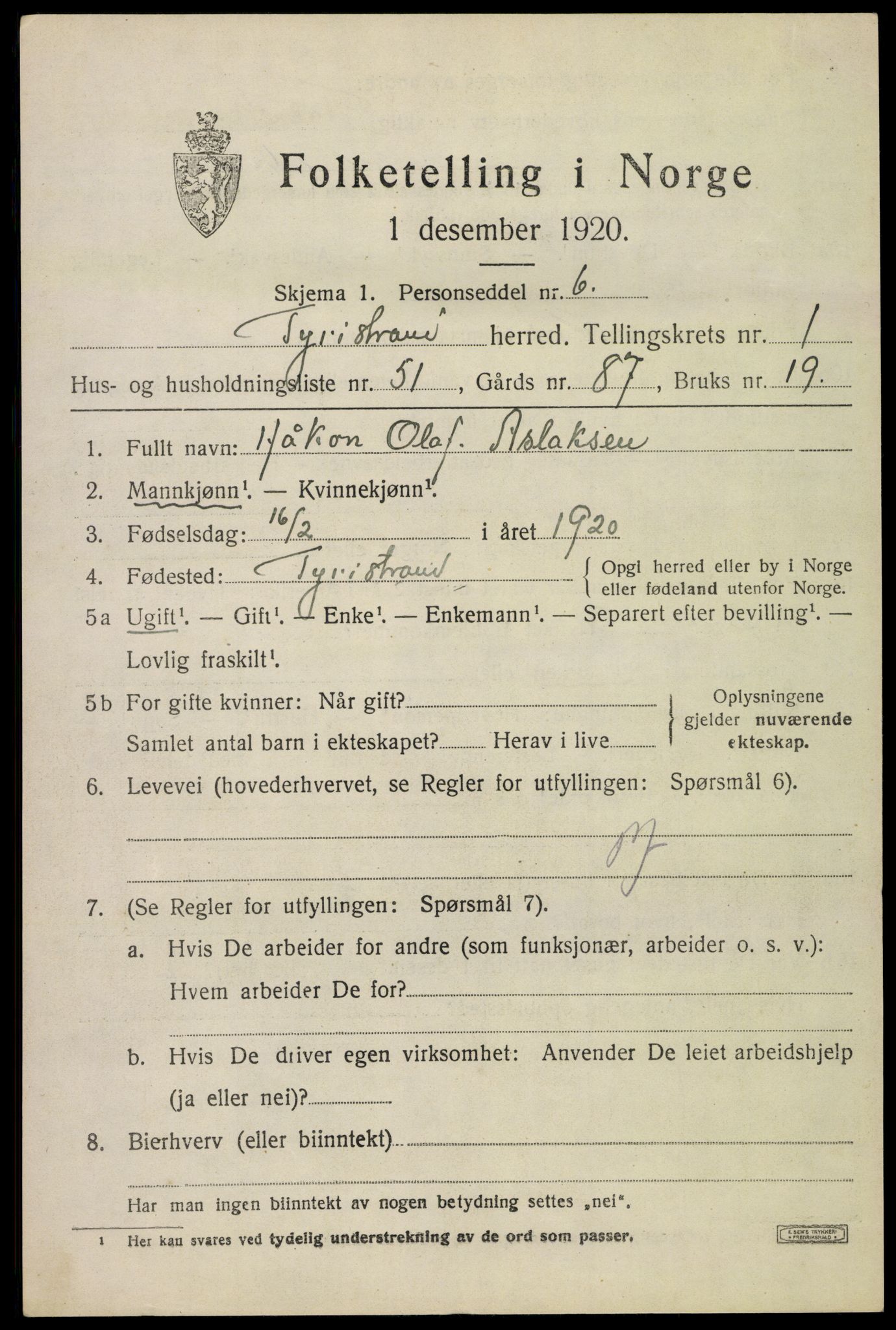 SAKO, 1920 census for Tyristrand, 1920, p. 1246