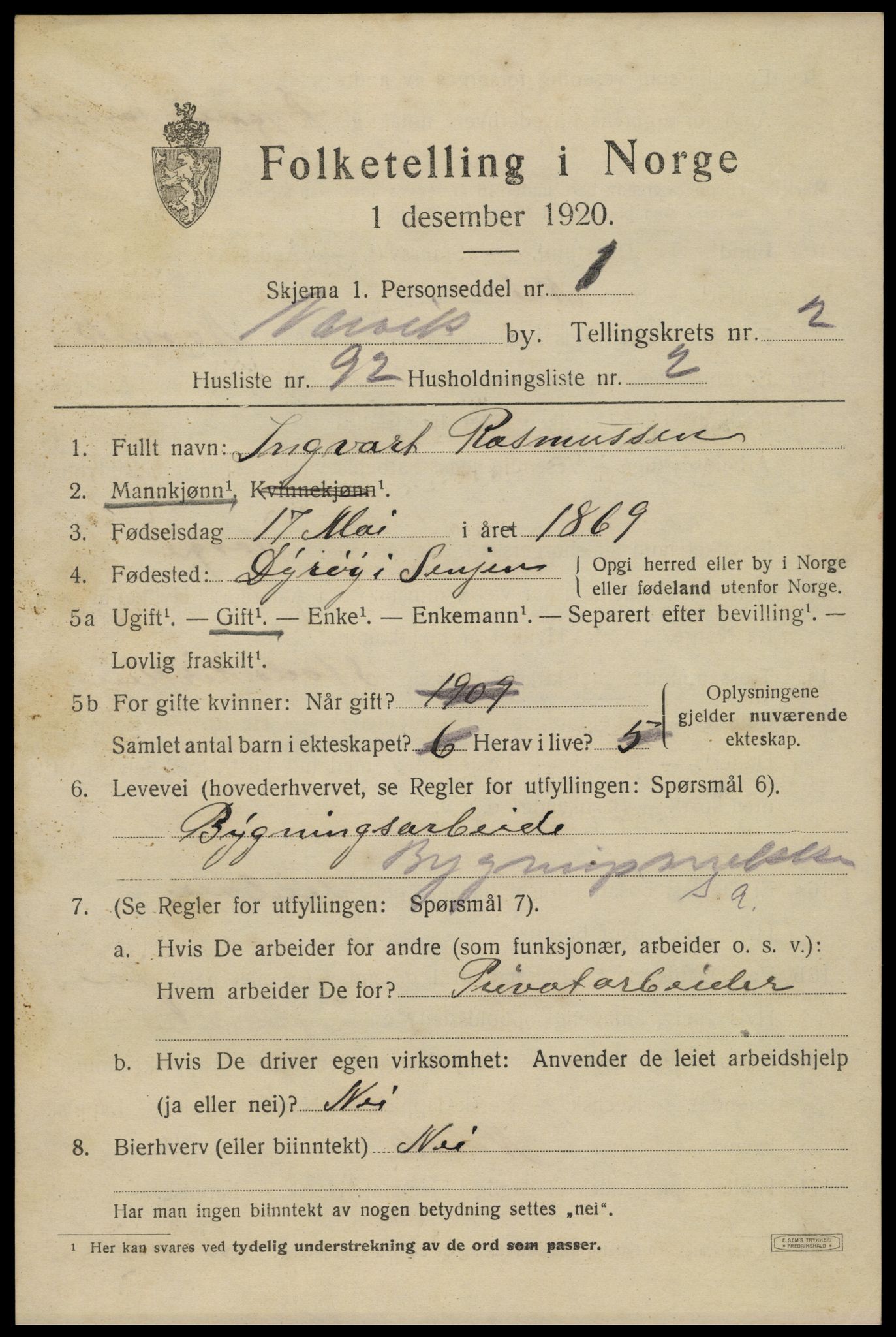 SAT, 1920 census for Narvik, 1920, p. 10478