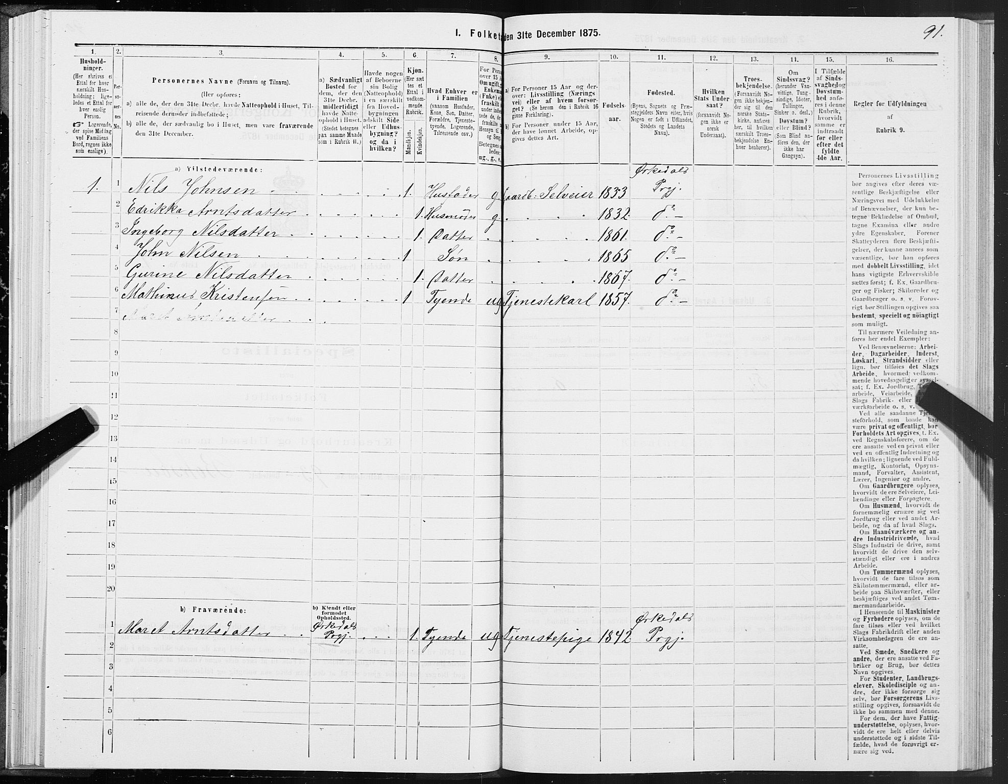 SAT, 1875 census for 1638P Orkdal, 1875, p. 3091