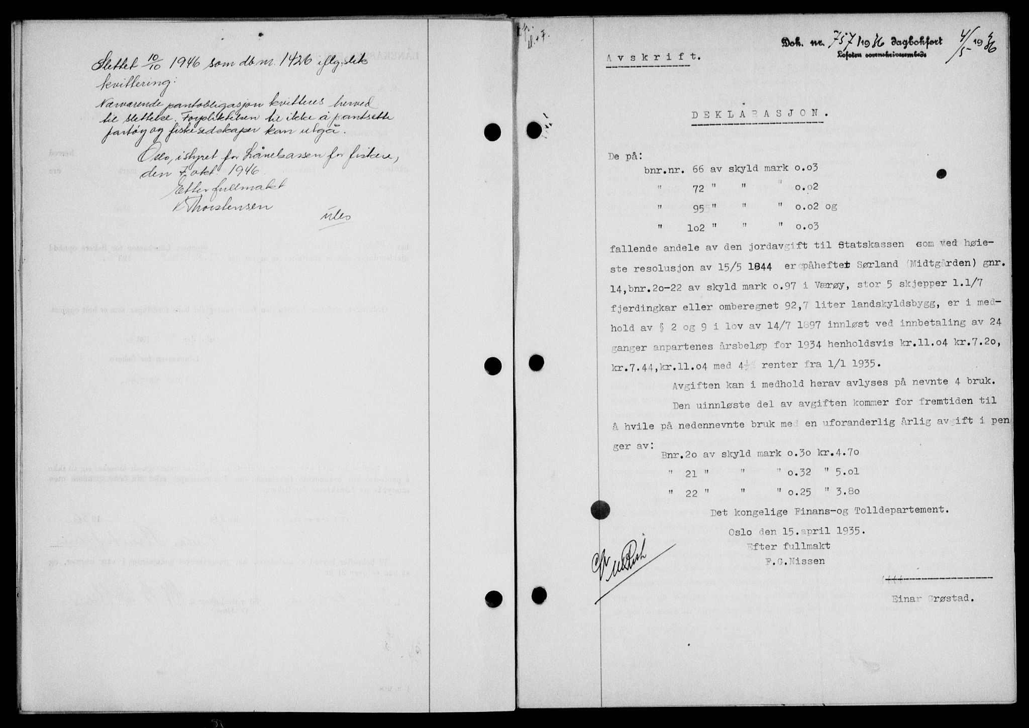 Lofoten sorenskriveri, SAT/A-0017/1/2/2C/L0033b: Mortgage book no. 33b, 1936-1936, Diary no: : 757/1936