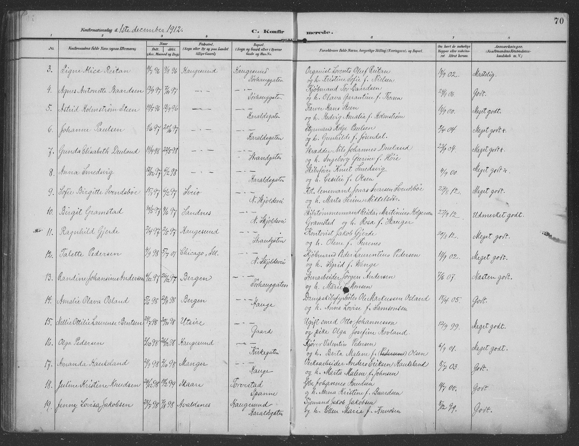 Haugesund sokneprestkontor, AV/SAST-A -101863/H/Ha/Haa/L0007: Parish register (official) no. A 7, 1904-1916, p. 70