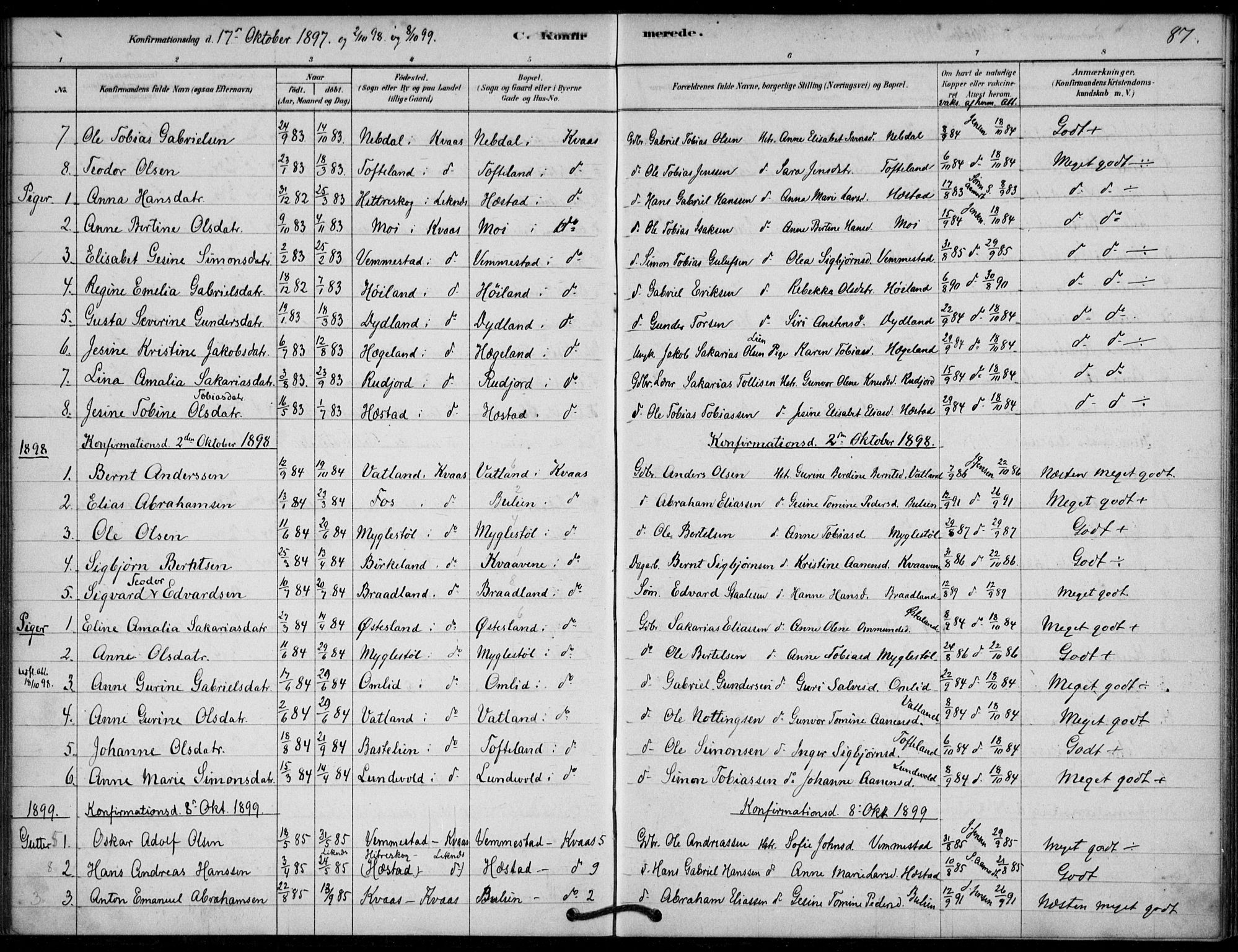 Lyngdal sokneprestkontor, AV/SAK-1111-0029/F/Fa/Fab/L0003: Parish register (official) no. A 3, 1878-1903, p. 87