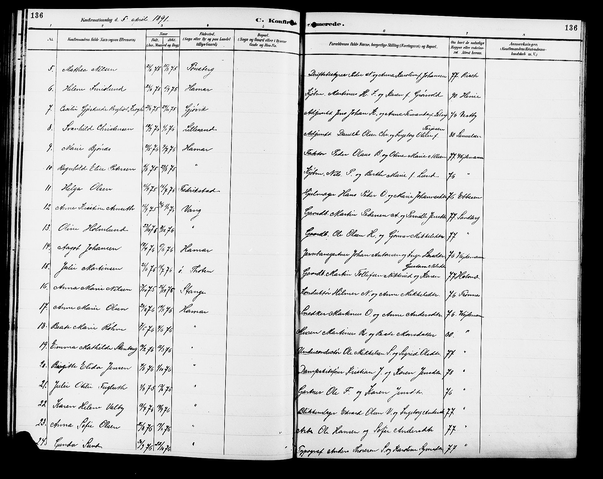 Vang prestekontor, Hedmark, SAH/PREST-008/H/Ha/Hab/L0013: Parish register (copy) no. 13, 1890-1899, p. 136