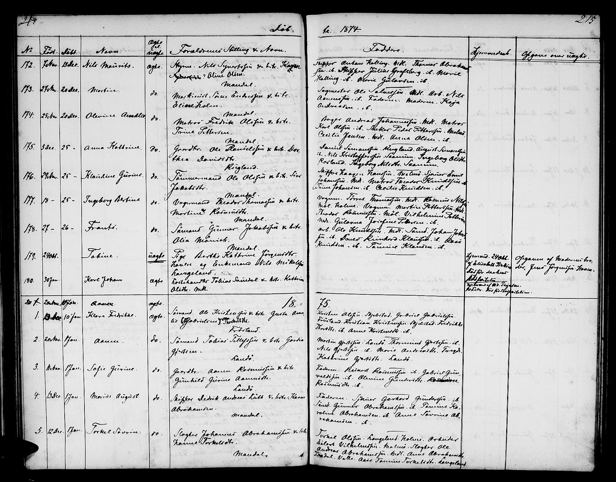 Mandal sokneprestkontor, SAK/1111-0030/F/Fb/Fba/L0009: Parish register (copy) no. B 3, 1867-1877, p. 214-215