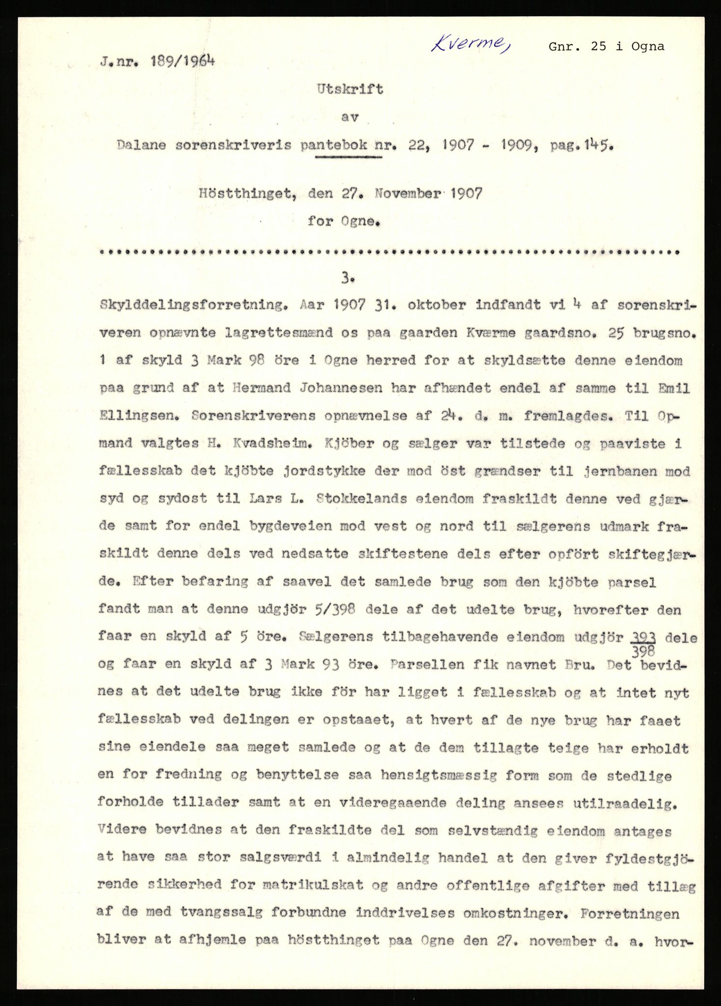 Statsarkivet i Stavanger, AV/SAST-A-101971/03/Y/Yj/L0050: Avskrifter sortert etter gårdsnavn: Kvammen - Kvæstad, 1750-1930, p. 166