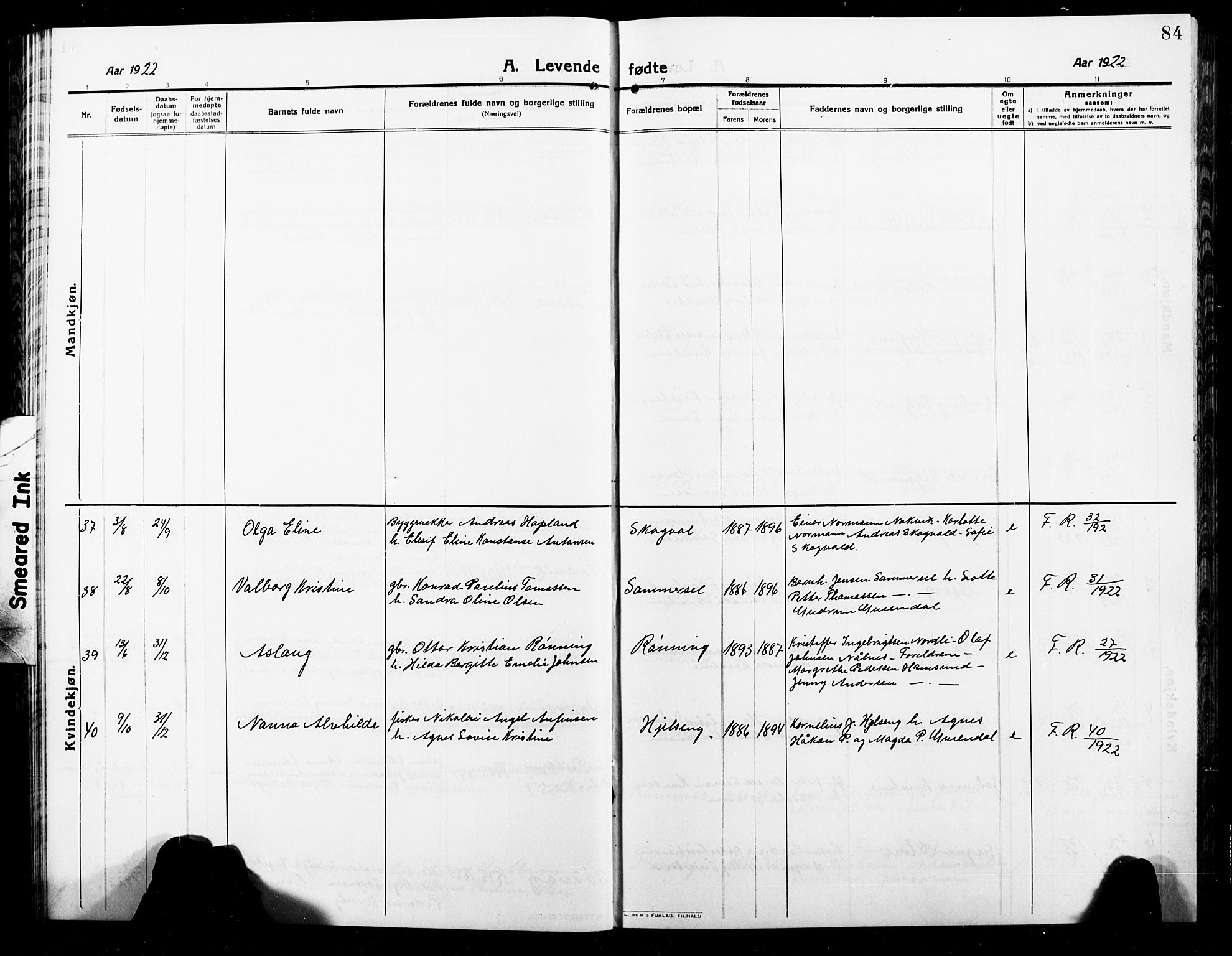 Ministerialprotokoller, klokkerbøker og fødselsregistre - Nordland, AV/SAT-A-1459/859/L0861: Parish register (copy) no. 859C07, 1910-1925, p. 84