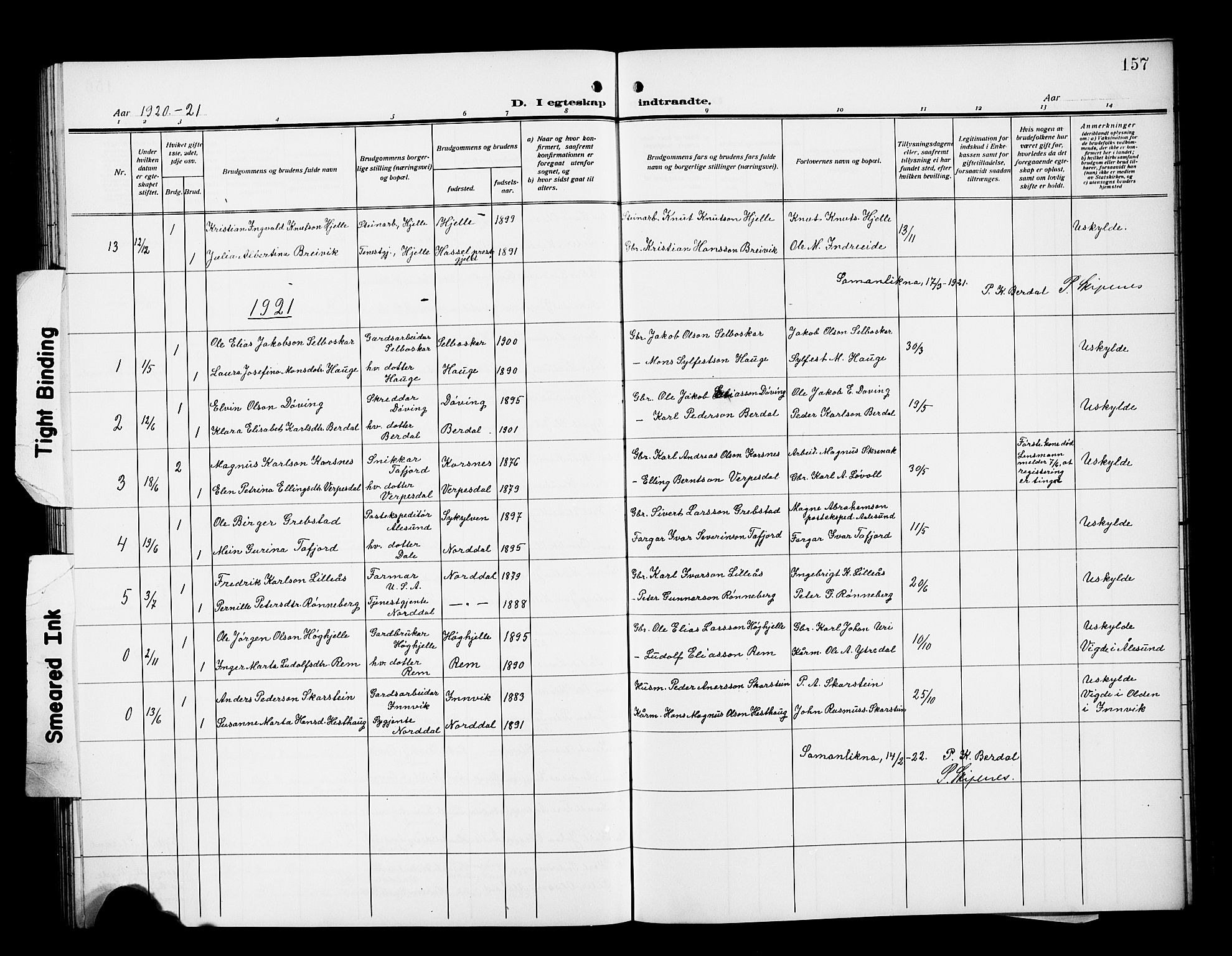 Ministerialprotokoller, klokkerbøker og fødselsregistre - Møre og Romsdal, SAT/A-1454/519/L0265: Parish register (copy) no. 519C06, 1911-1921, p. 157
