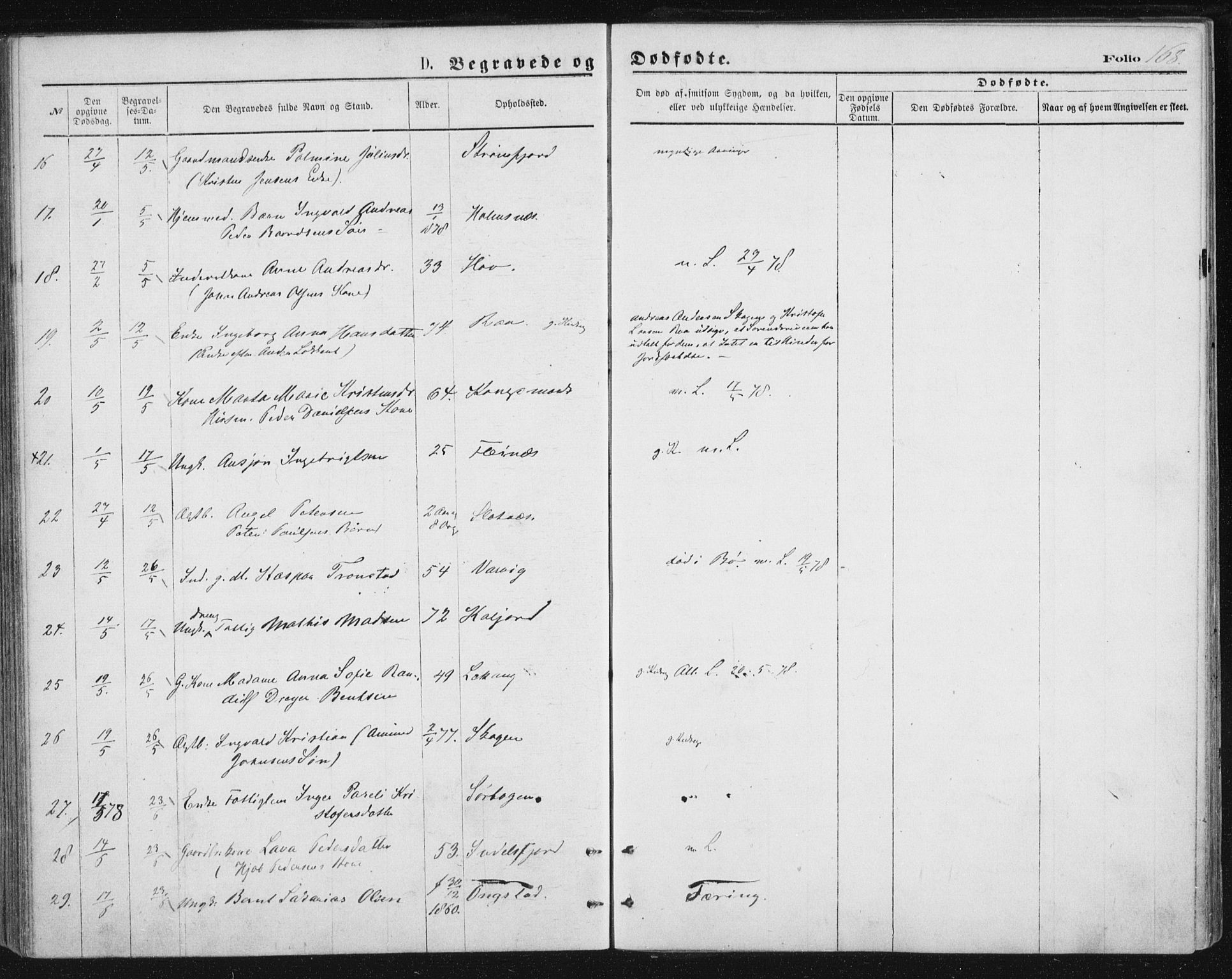 Ministerialprotokoller, klokkerbøker og fødselsregistre - Nordland, AV/SAT-A-1459/888/L1243: Parish register (official) no. 888A09, 1876-1879, p. 168