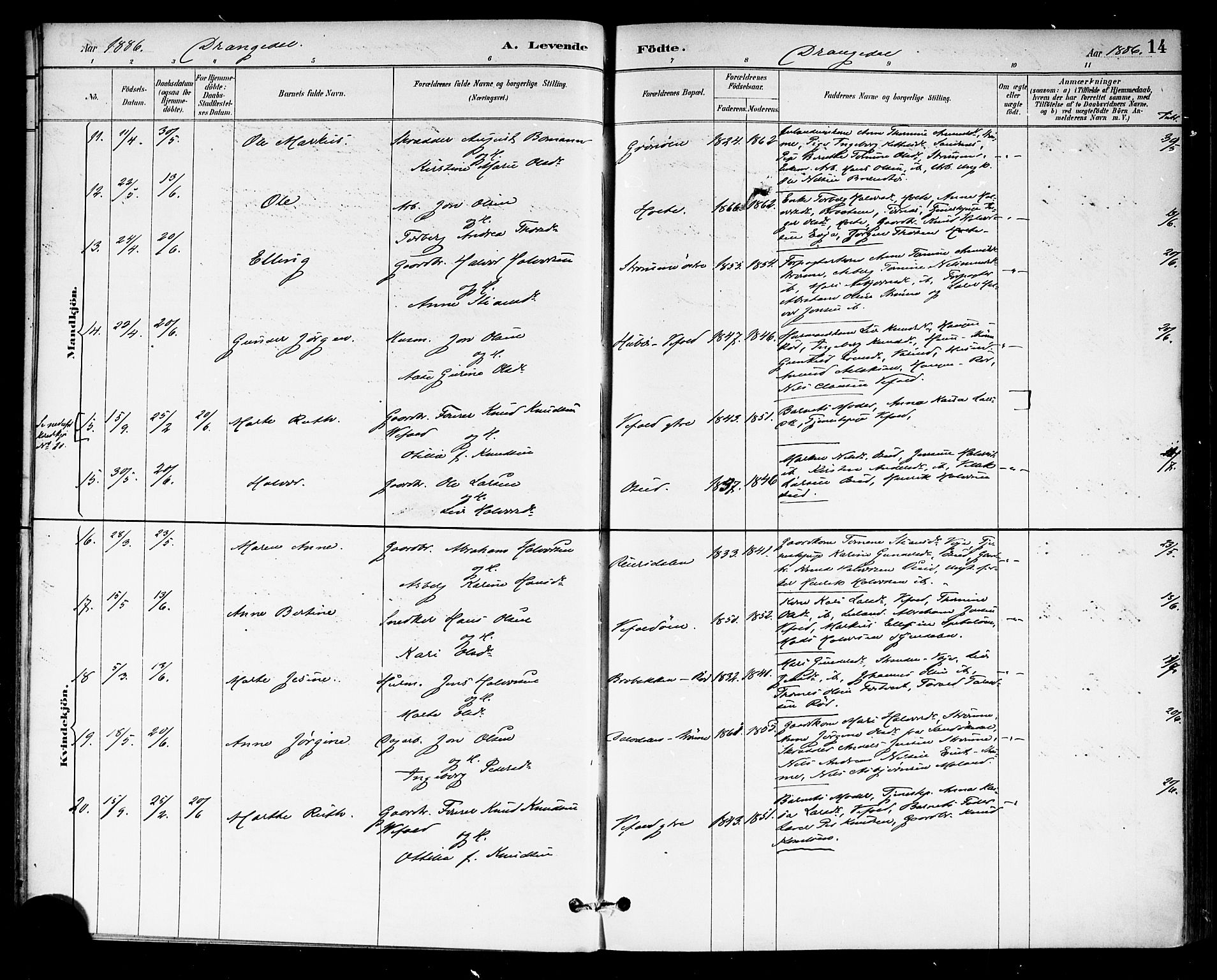 Drangedal kirkebøker, AV/SAKO-A-258/F/Fa/L0010: Parish register (official) no. 10 /1, 1885-1894, p. 14