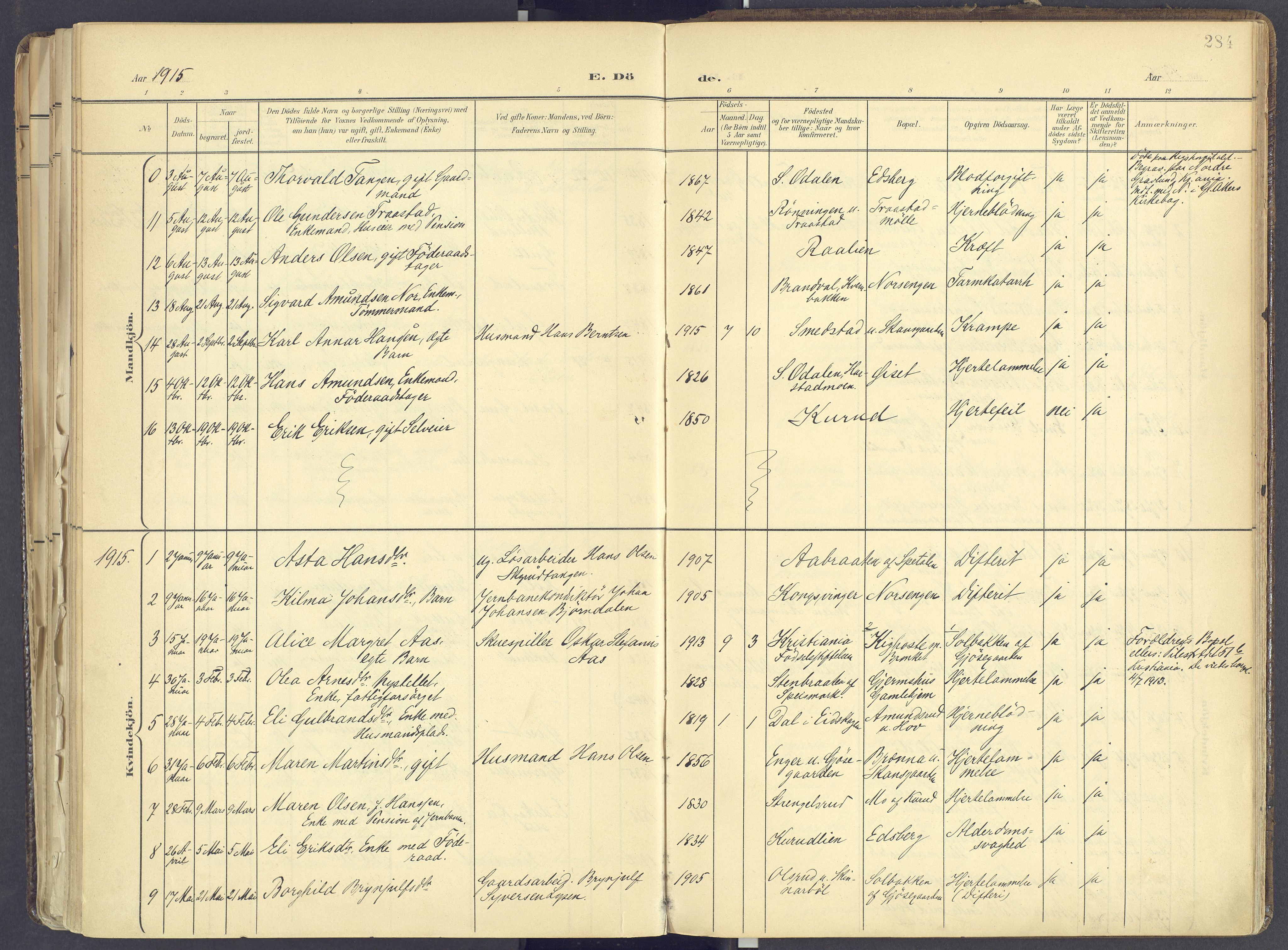 Vinger prestekontor, AV/SAH-PREST-024/H/Ha/Haa/L0017: Parish register (official) no. 17, 1901-1927, p. 284