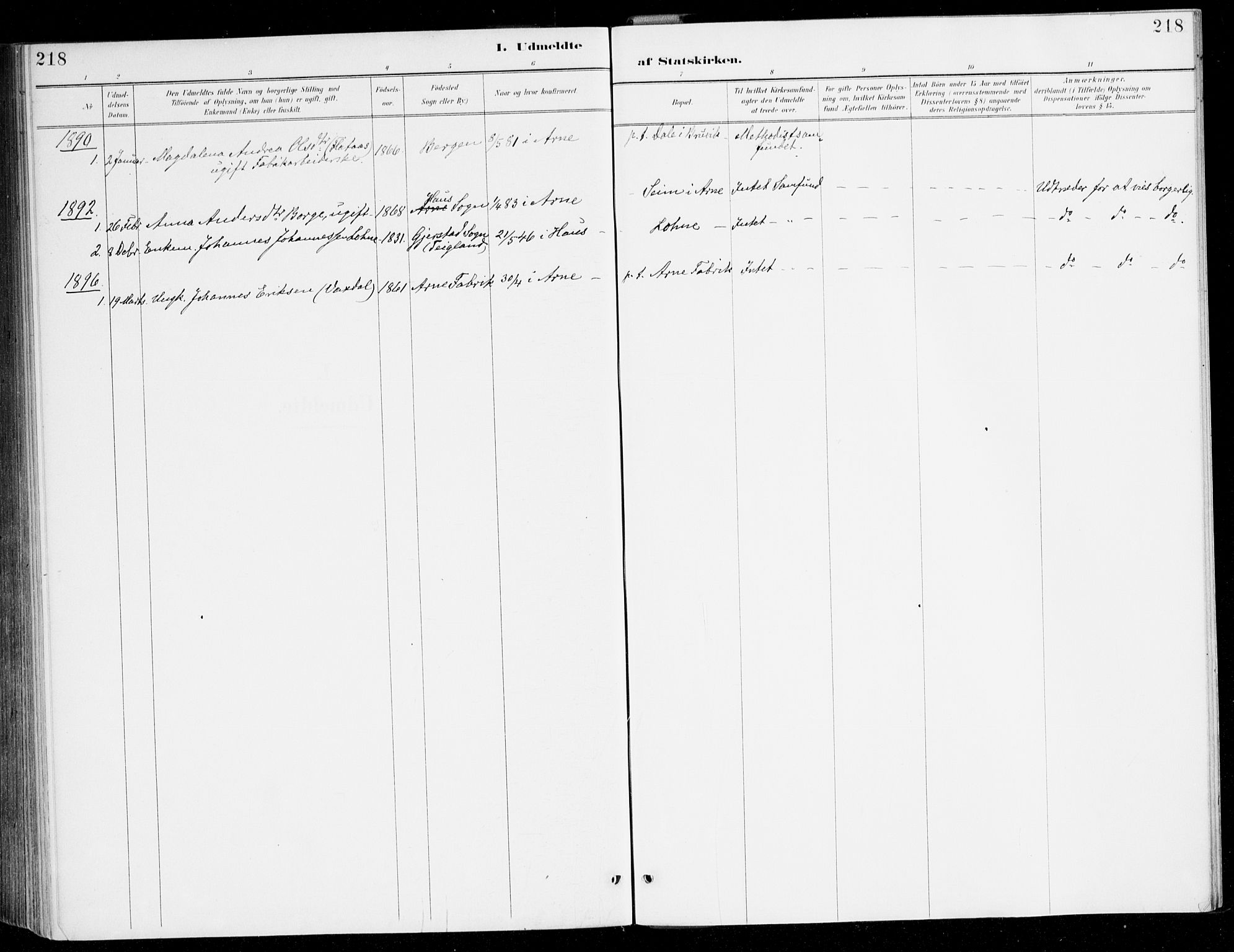 Haus sokneprestembete, AV/SAB-A-75601/H/Haa/Haad/L0001: Parish register (official) no. D 1, 1887-1898, p. 218