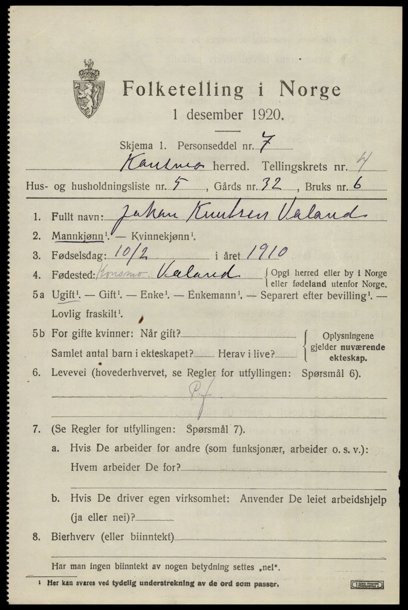 SAK, 1920 census for Konsmo, 1920, p. 1246