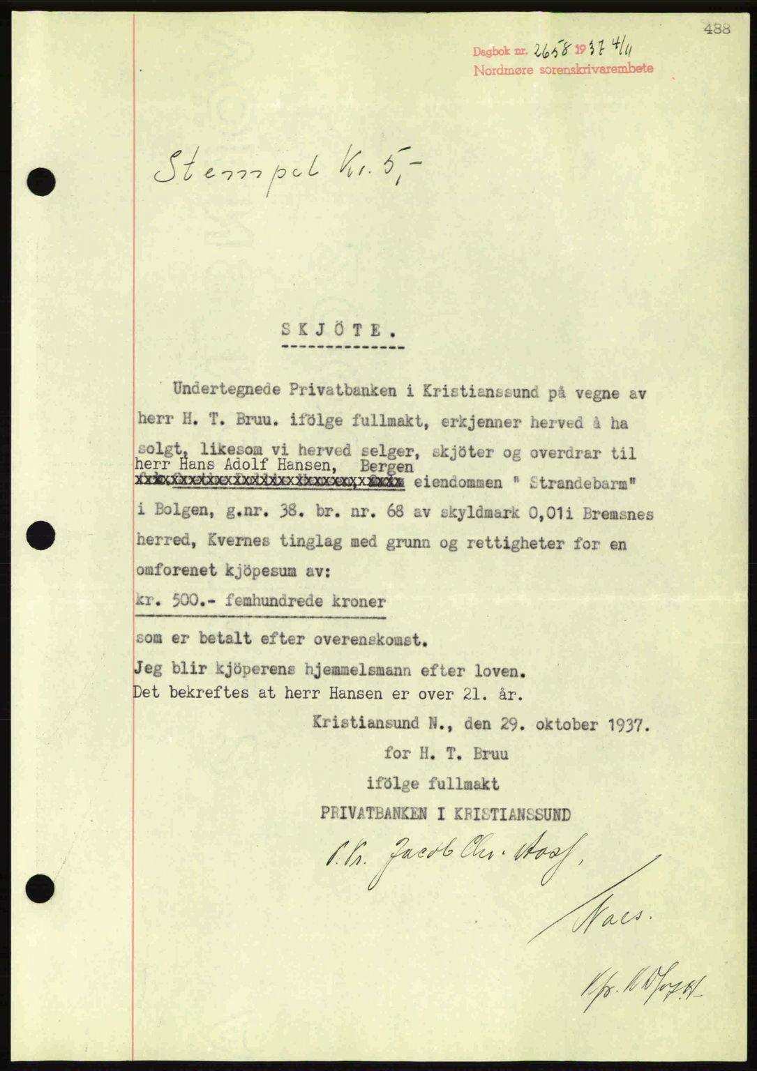 Nordmøre sorenskriveri, SAT/A-4132/1/2/2Ca: Mortgage book no. A82, 1937-1938, Diary no: : 2658/1937