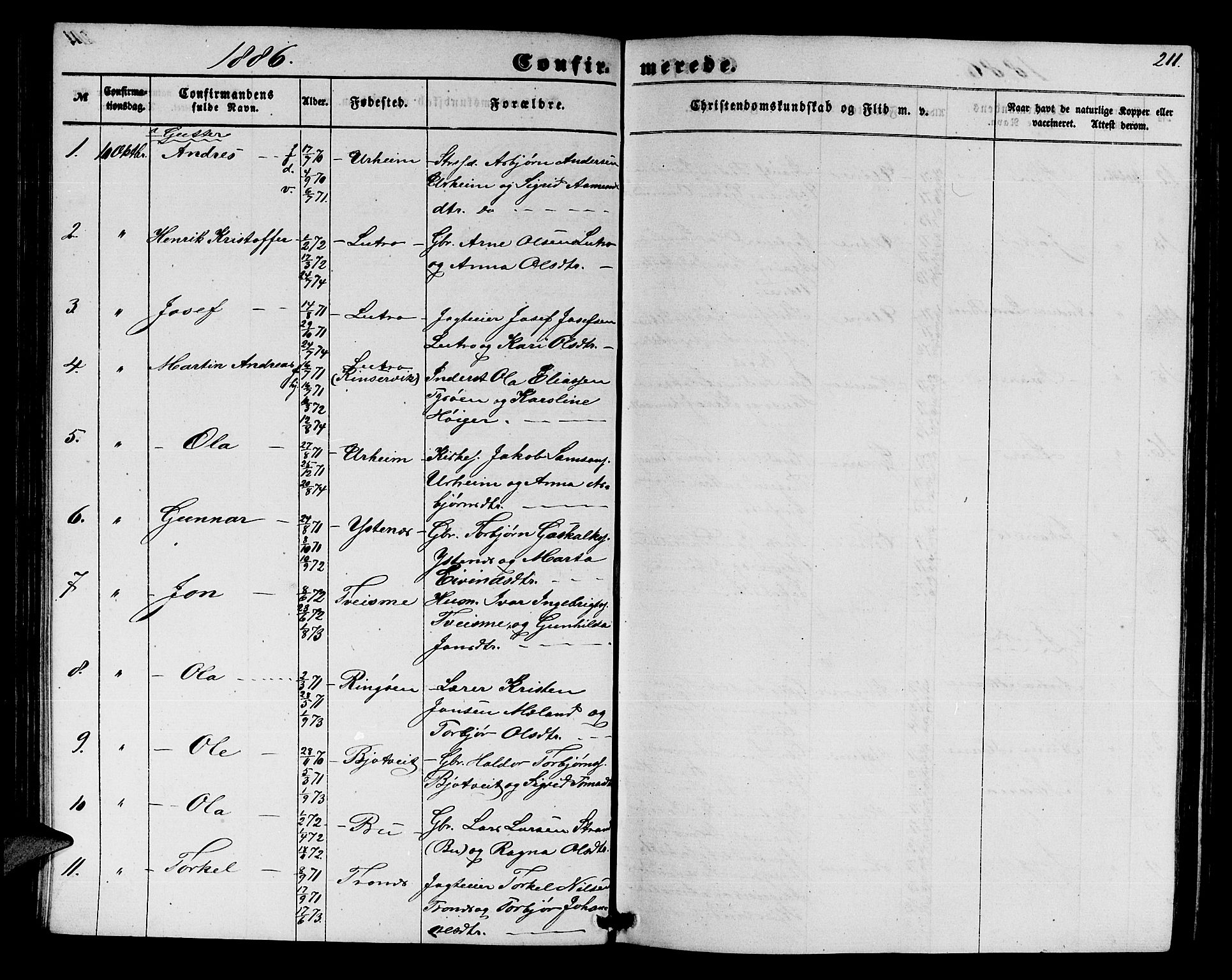 Ullensvang sokneprestembete, SAB/A-78701/H/Hab: Parish register (copy) no. E 6, 1857-1886, p. 211