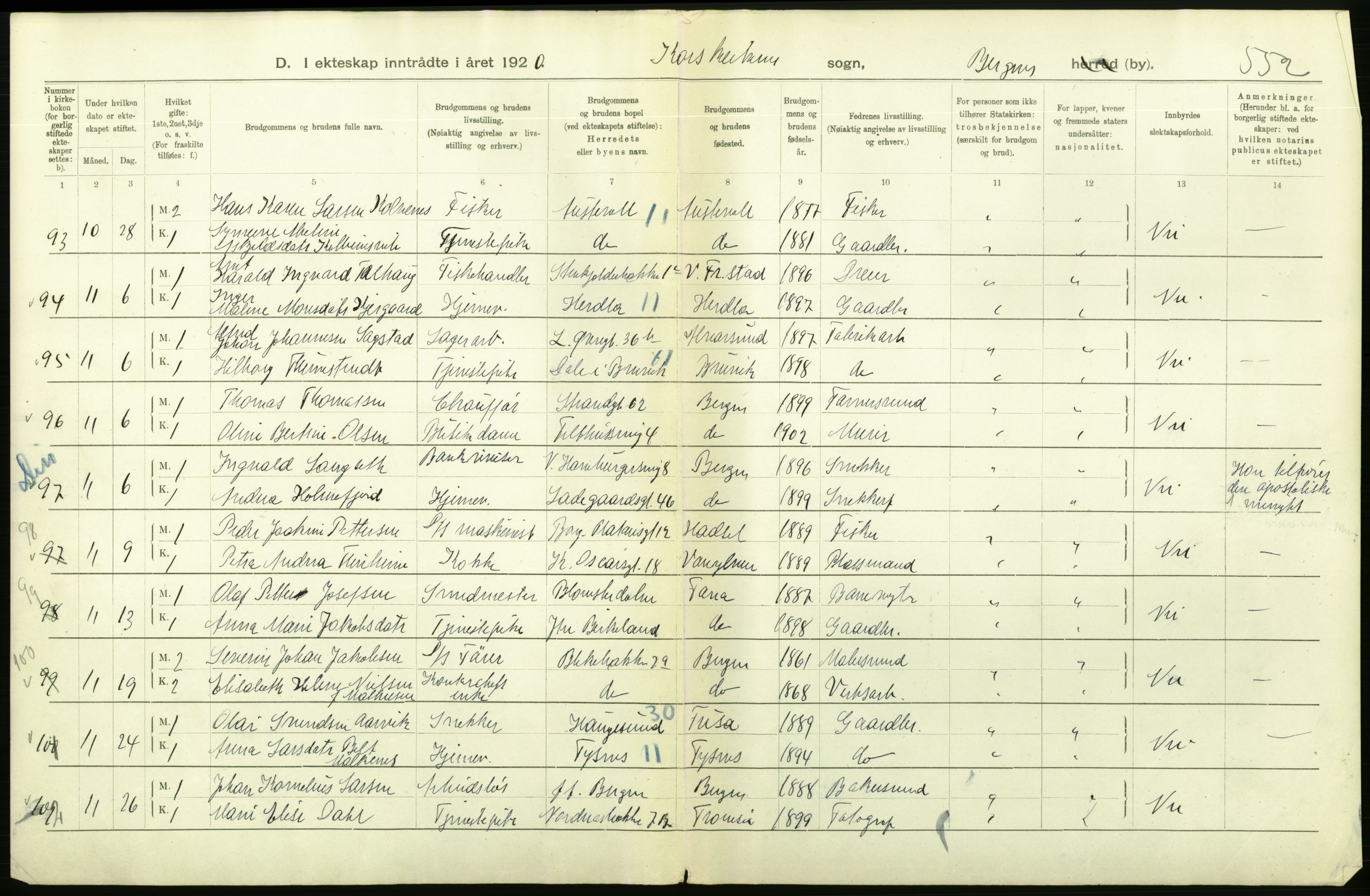 Statistisk sentralbyrå, Sosiodemografiske emner, Befolkning, AV/RA-S-2228/D/Df/Dfb/Dfbj/L0042: Bergen: Gifte, døde, dødfødte., 1920, p. 190