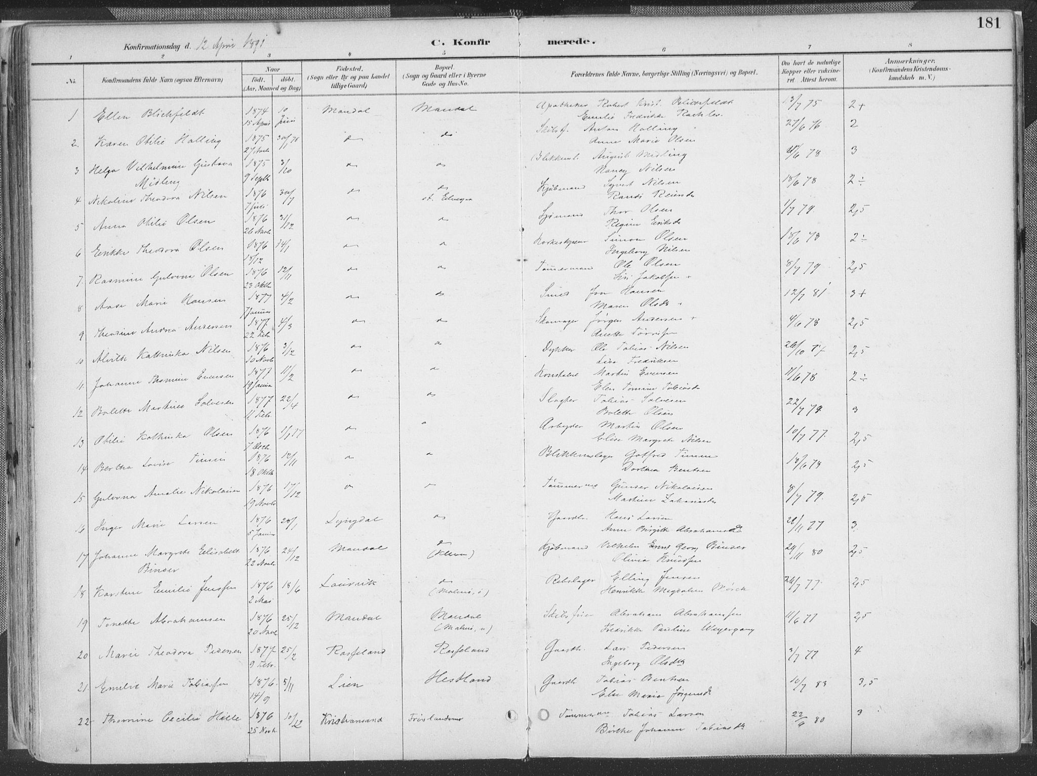 Mandal sokneprestkontor, AV/SAK-1111-0030/F/Fa/Faa/L0018: Parish register (official) no. A 18, 1890-1905, p. 181