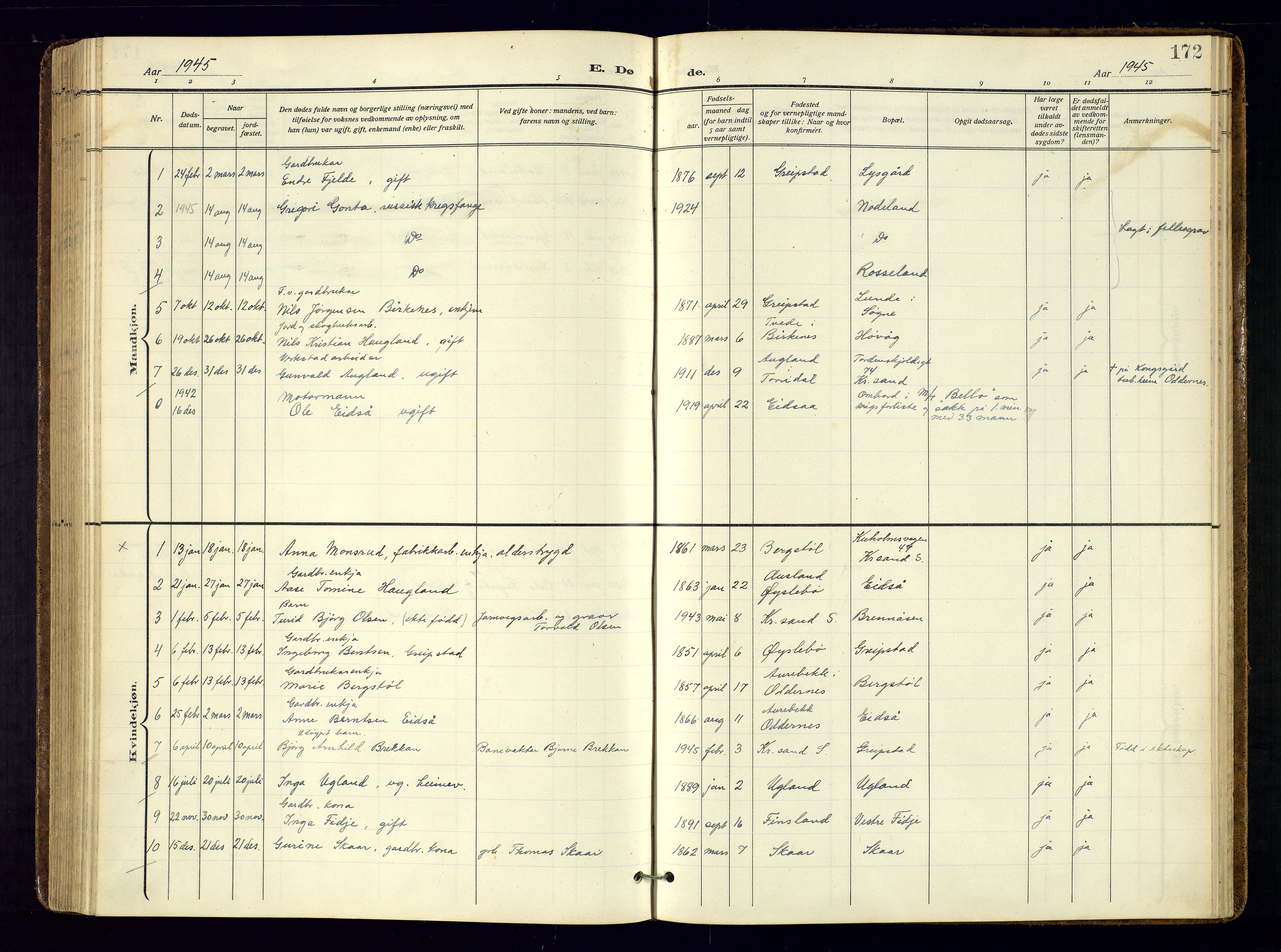 Søgne sokneprestkontor, AV/SAK-1111-0037/F/Fa/Faa/L0004: Parish register (official) no. A-4, 1911-1945, p. 172