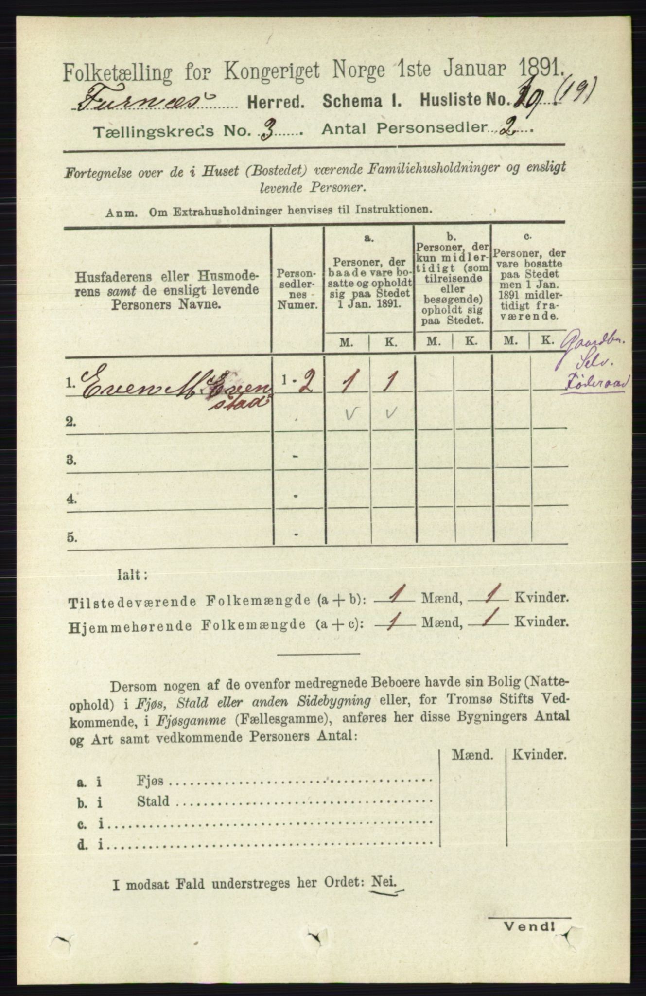 RA, Census 1891 for 0413 Furnes herred, 1891, p. 1503