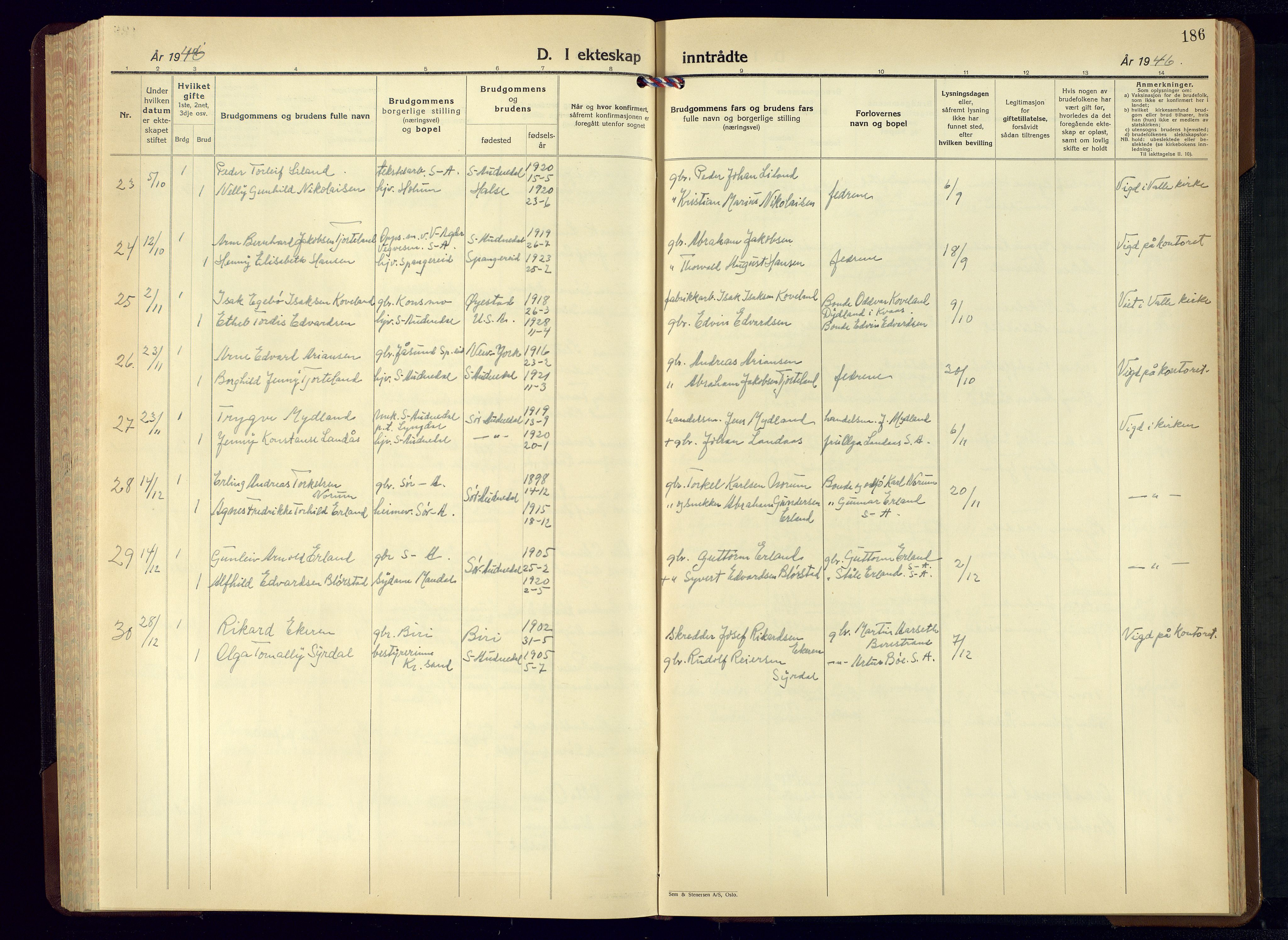 Sør-Audnedal sokneprestkontor, AV/SAK-1111-0039/F/Fb/Fbb/L0007: Parish register (copy) no. B-7, 1939-1965, p. 186