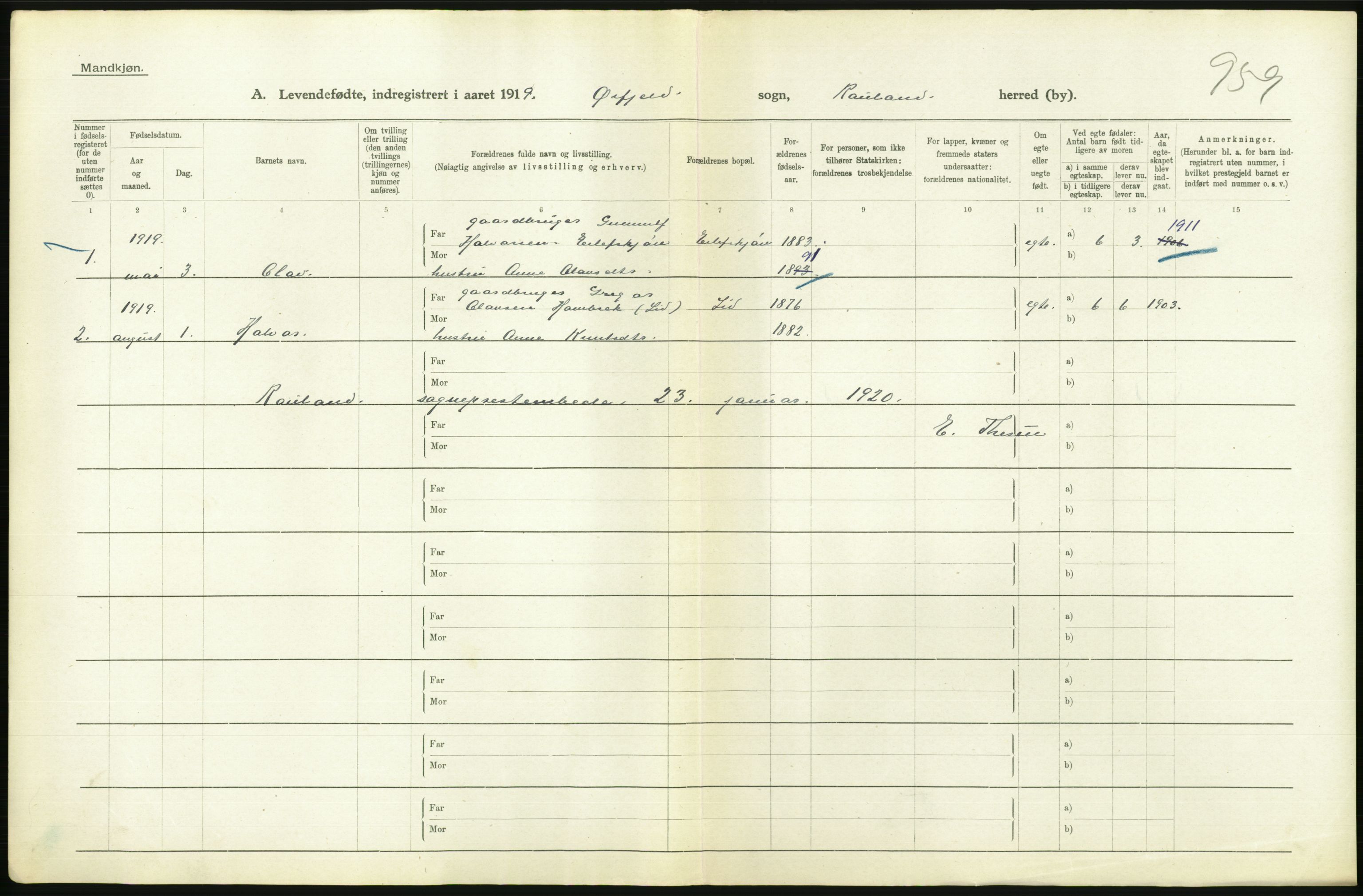 Statistisk sentralbyrå, Sosiodemografiske emner, Befolkning, RA/S-2228/D/Df/Dfb/Dfbi/L0021: Telemark fylke: Levendefødte menn og kvinner. Bygder., 1919, p. 238