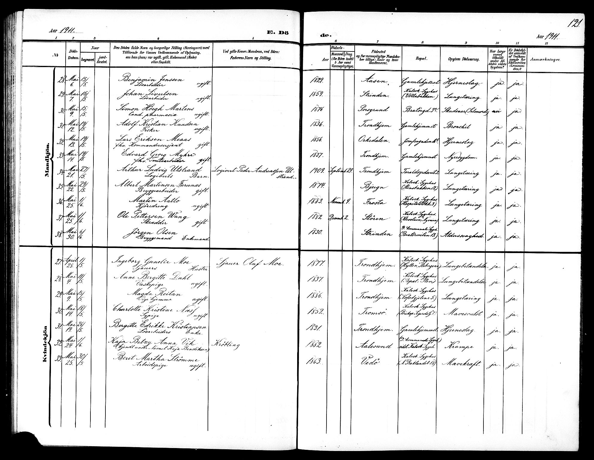 Ministerialprotokoller, klokkerbøker og fødselsregistre - Sør-Trøndelag, AV/SAT-A-1456/602/L0146: Parish register (copy) no. 602C14, 1904-1914, p. 121