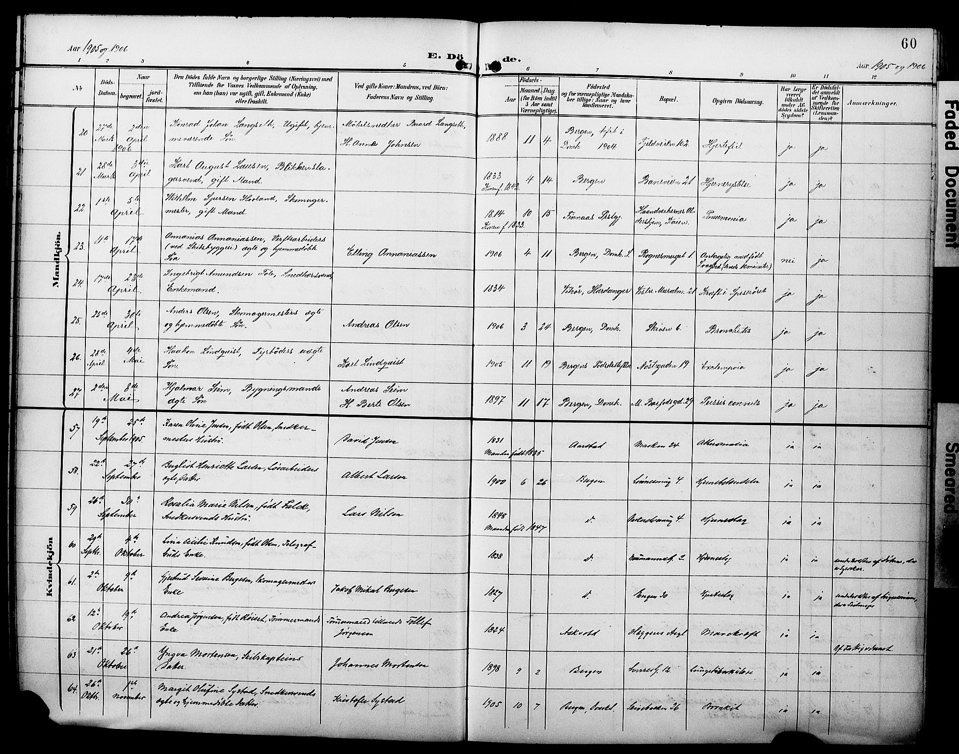 Domkirken sokneprestembete, AV/SAB-A-74801/H/Hab/L0042: Parish register (copy) no. E 6, 1900-1929, p. 60