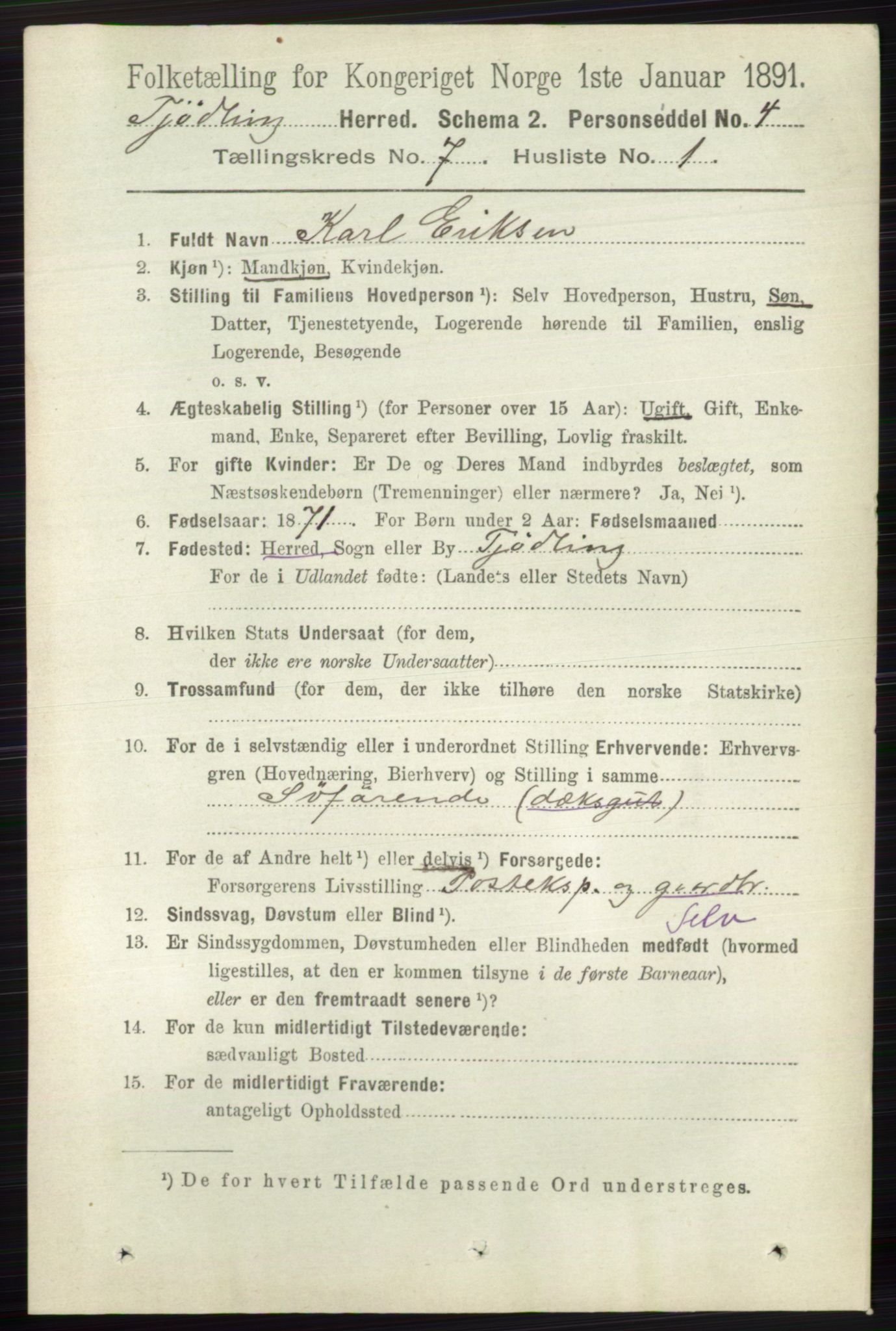 RA, 1891 census for 0725 Tjølling, 1891, p. 3670