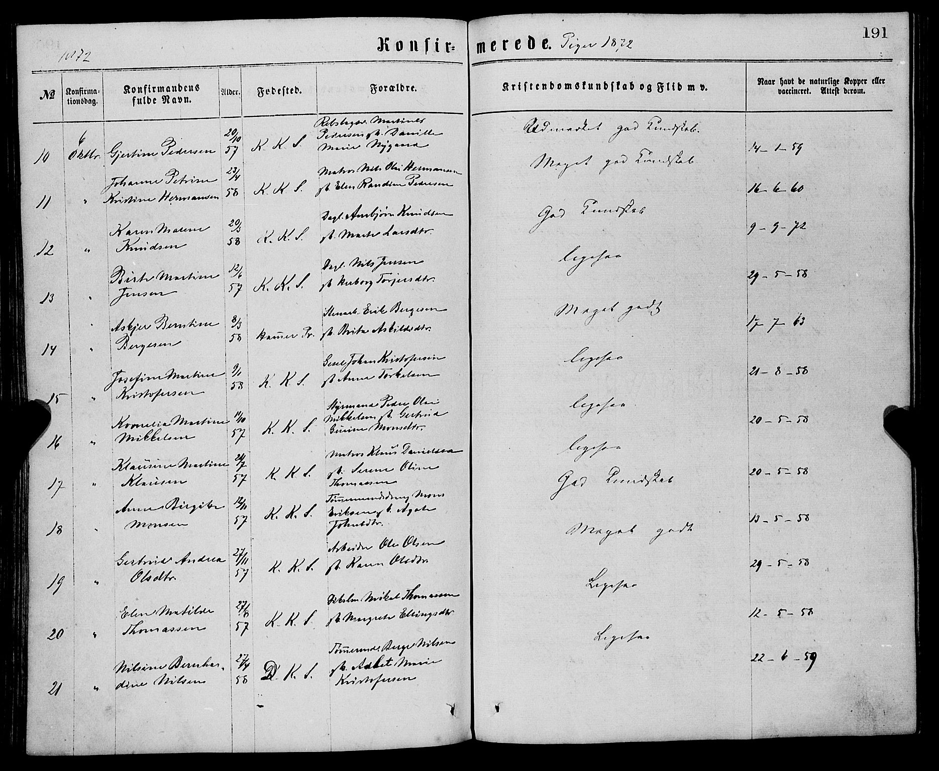 Sandviken Sokneprestembete, AV/SAB-A-77601/H/Ha/L0001: Parish register (official) no. A 1, 1867-1877, p. 191