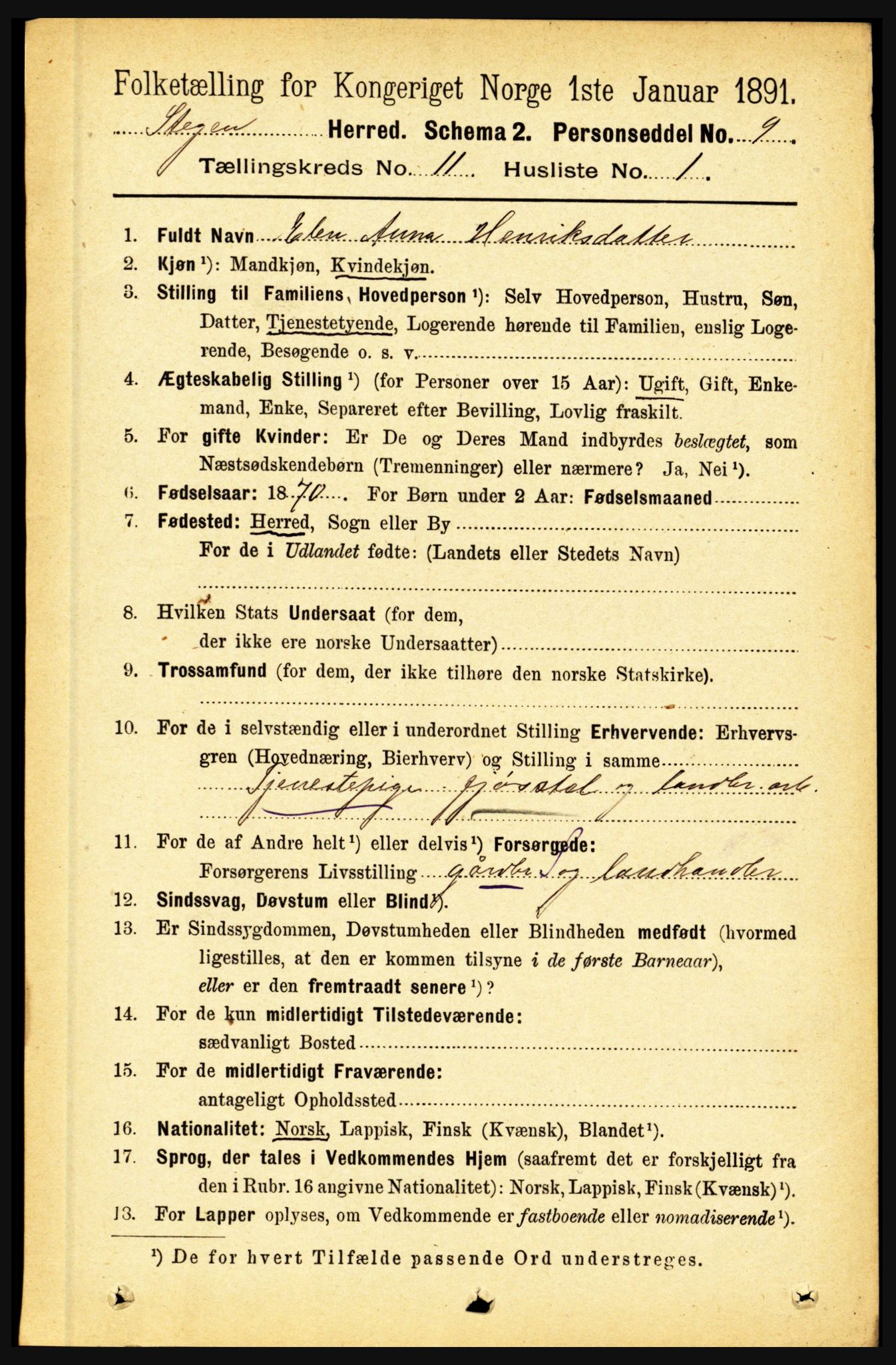 RA, 1891 census for 1848 Steigen, 1891, p. 3791