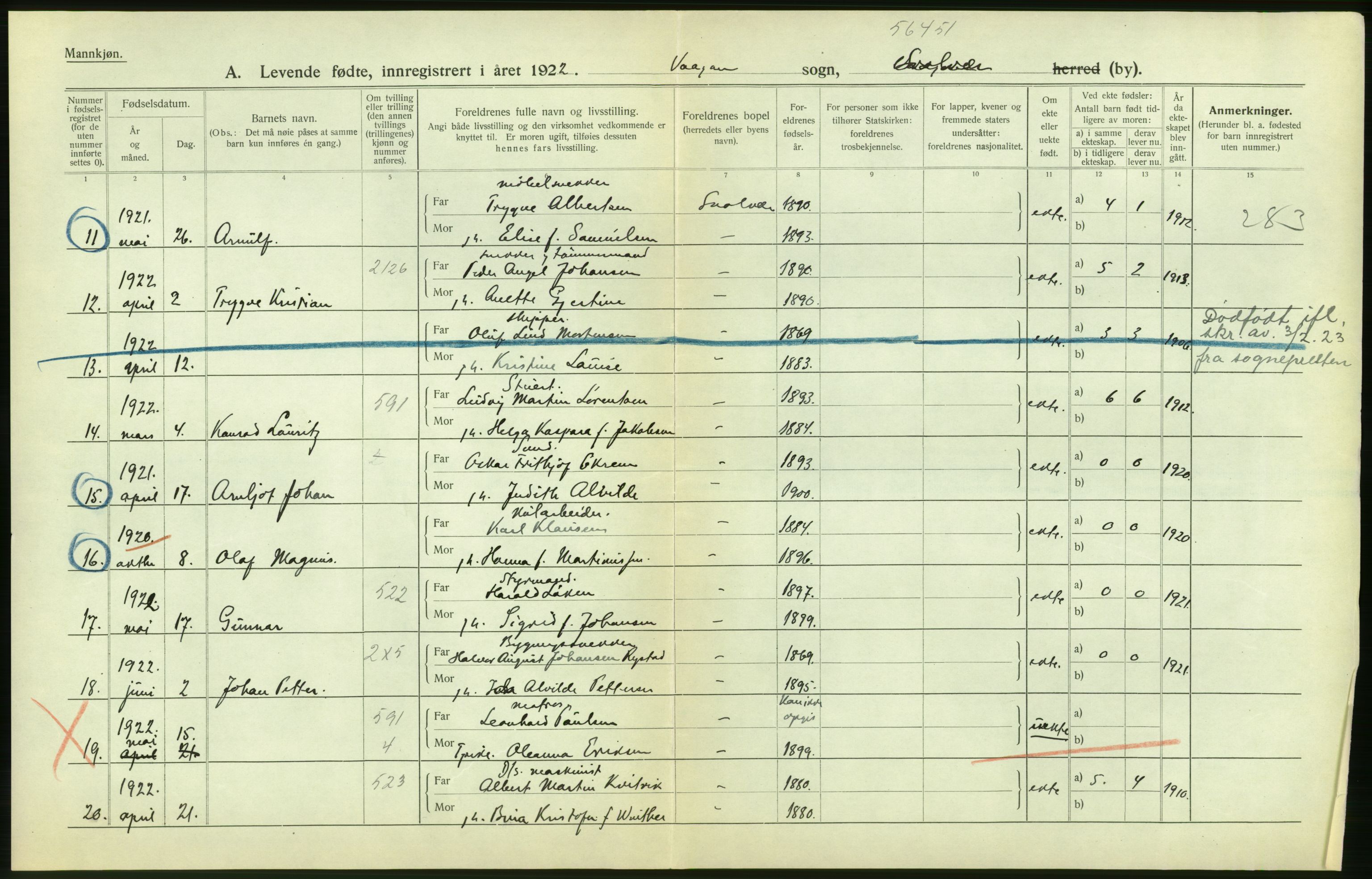 Statistisk sentralbyrå, Sosiodemografiske emner, Befolkning, AV/RA-S-2228/D/Df/Dfc/Dfcb/L0044: Nordland fylke: Levendefødte menn og kvinner. Bygder og byer., 1922, p. 10