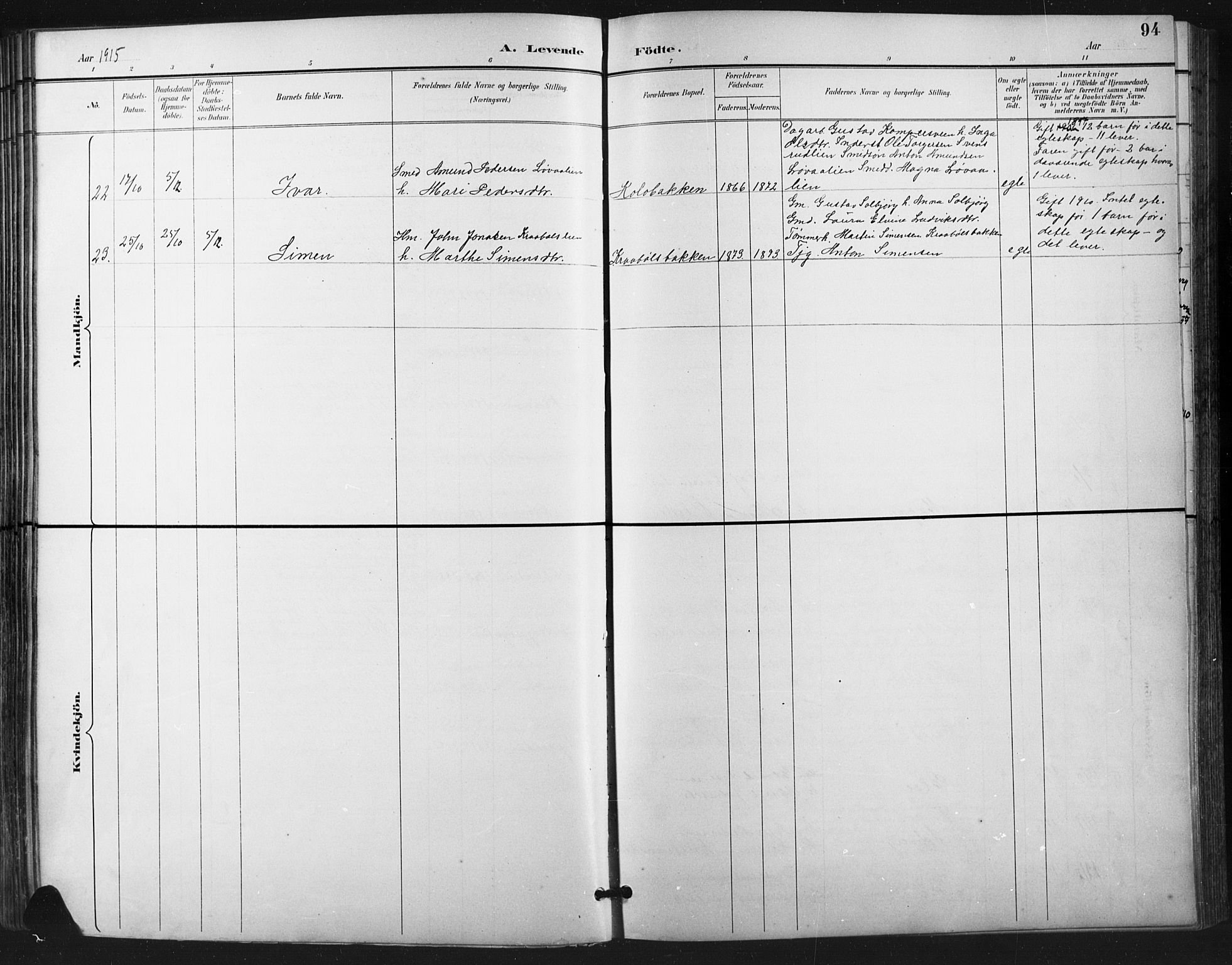 Vestre Gausdal prestekontor, AV/SAH-PREST-094/H/Ha/Hab/L0003: Parish register (copy) no. 3, 1896-1925, p. 94