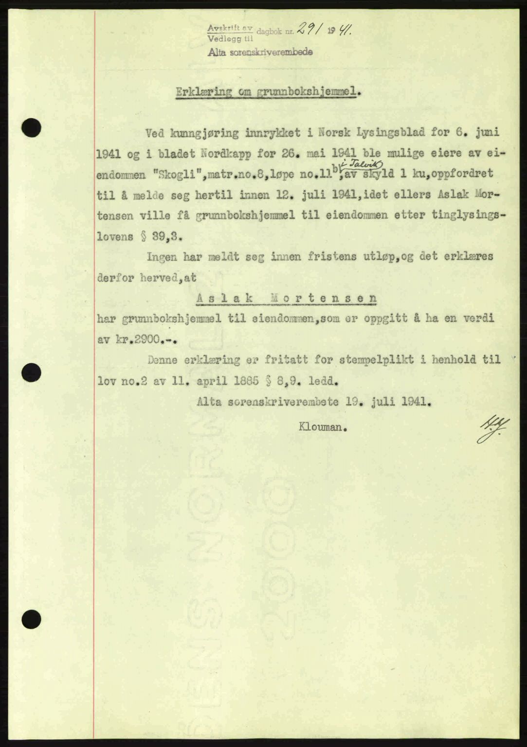 Alta fogderi/sorenskriveri, SATØ/SATØ-5/1/K/Kd/L0033pantebok: Mortgage book no. 33, 1940-1943, Diary no: : 291/1941