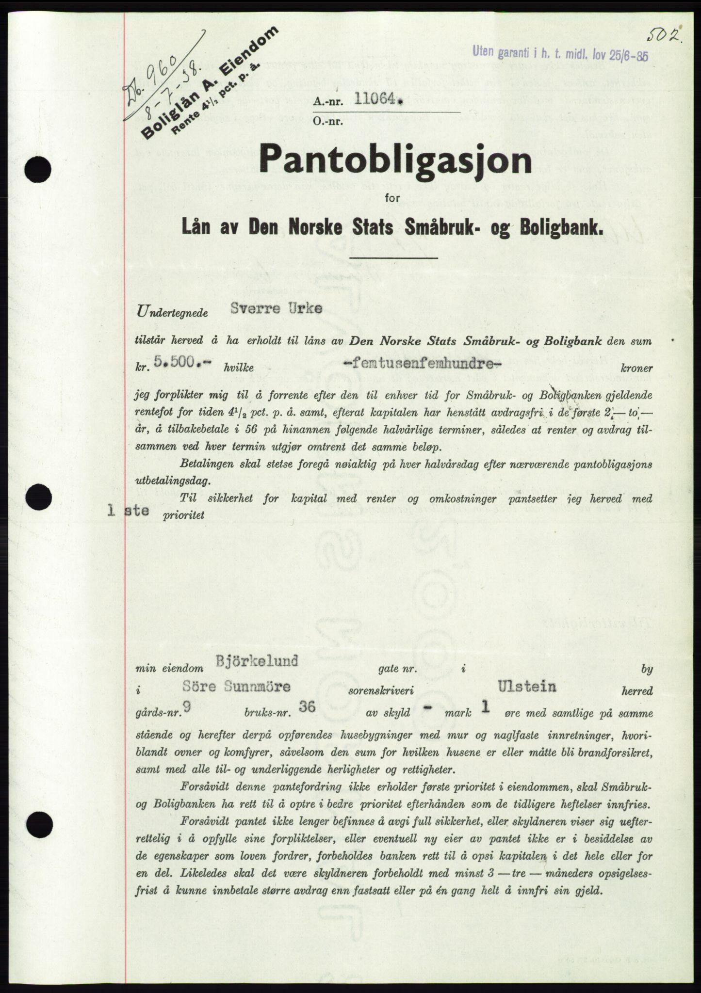 Søre Sunnmøre sorenskriveri, AV/SAT-A-4122/1/2/2C/L0065: Mortgage book no. 59, 1938-1938, Diary no: : 960/1938