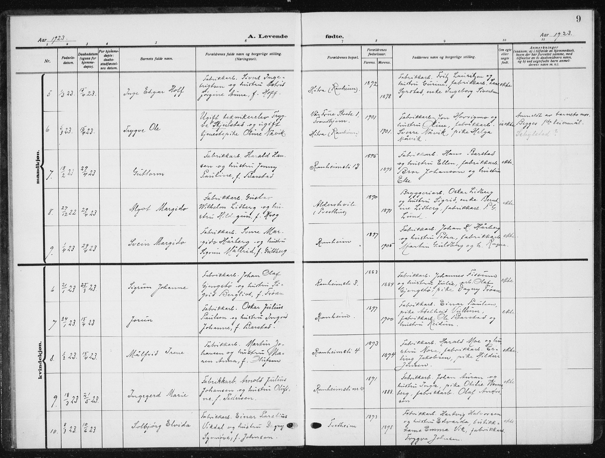 Ministerialprotokoller, klokkerbøker og fødselsregistre - Sør-Trøndelag, SAT/A-1456/615/L0401: Parish register (copy) no. 615C02, 1922-1941, p. 9