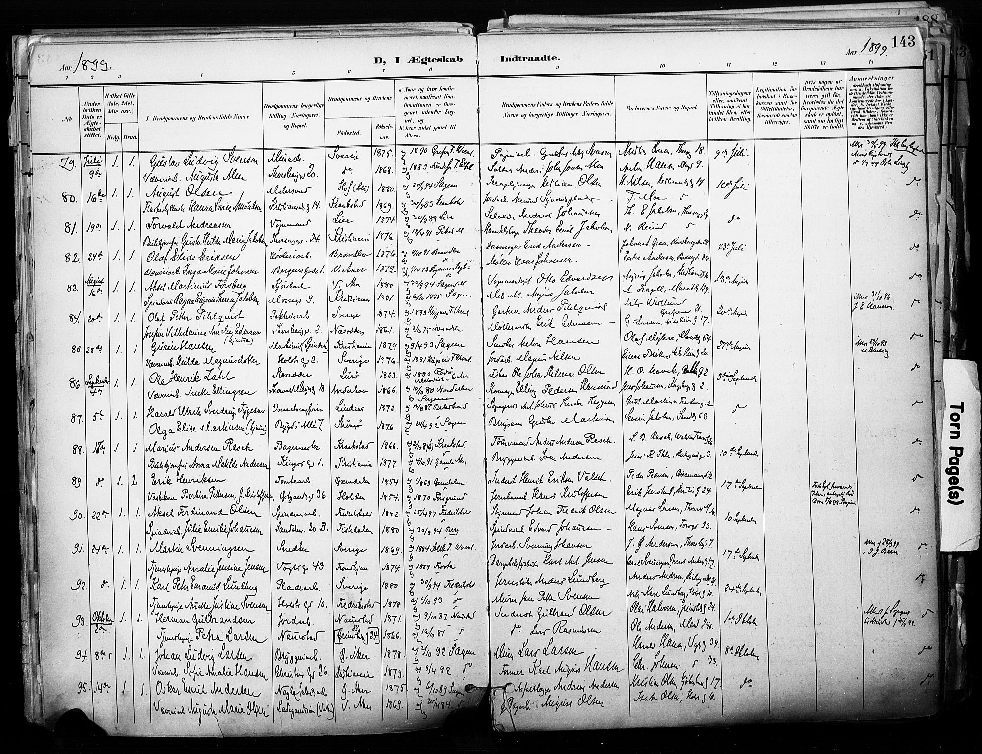 Sagene prestekontor Kirkebøker, SAO/A-10796/F/L0005: Parish register (official) no. 5, 1898-1911, p. 143