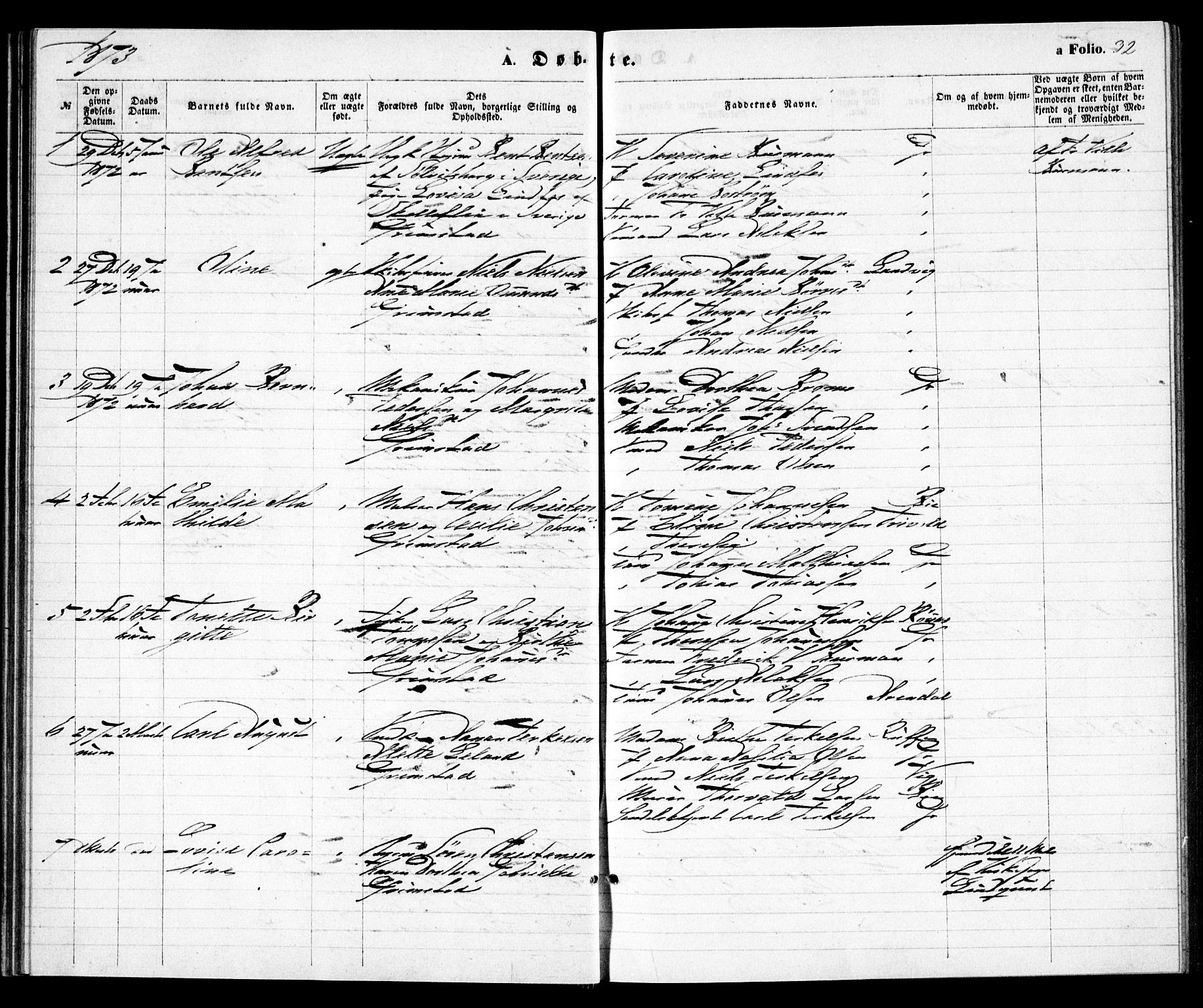 Grimstad sokneprestkontor, SAK/1111-0017/F/Fa/L0002: Parish register (official) no. A 1, 1869-1881, p. 32