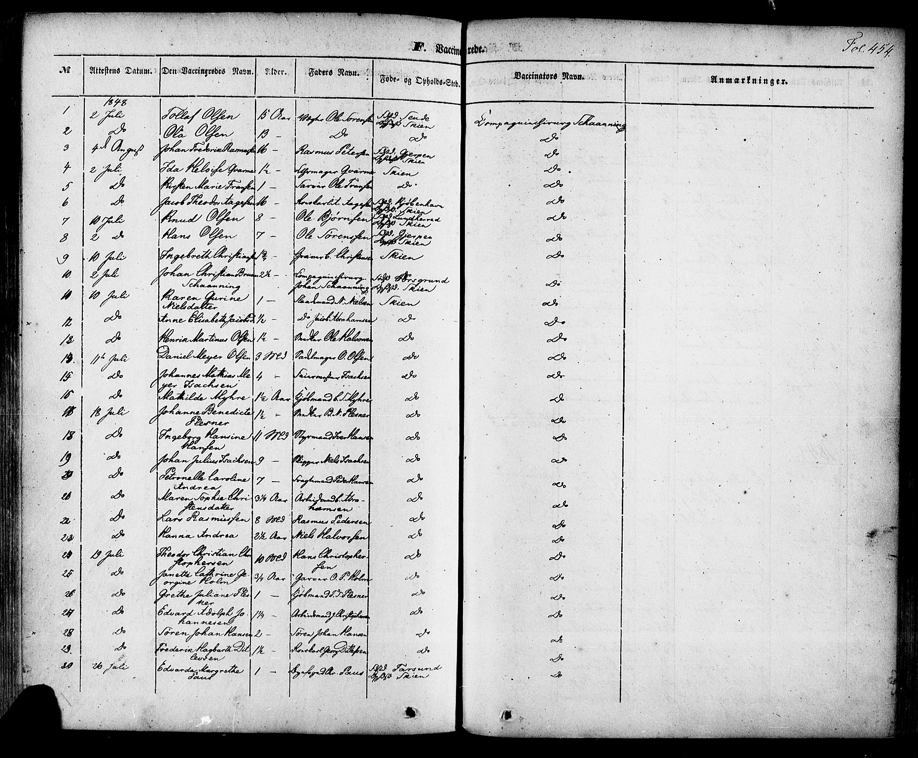 Skien kirkebøker, SAKO/A-302/F/Fa/L0006a: Parish register (official) no. 6A, 1843-1856, p. 454